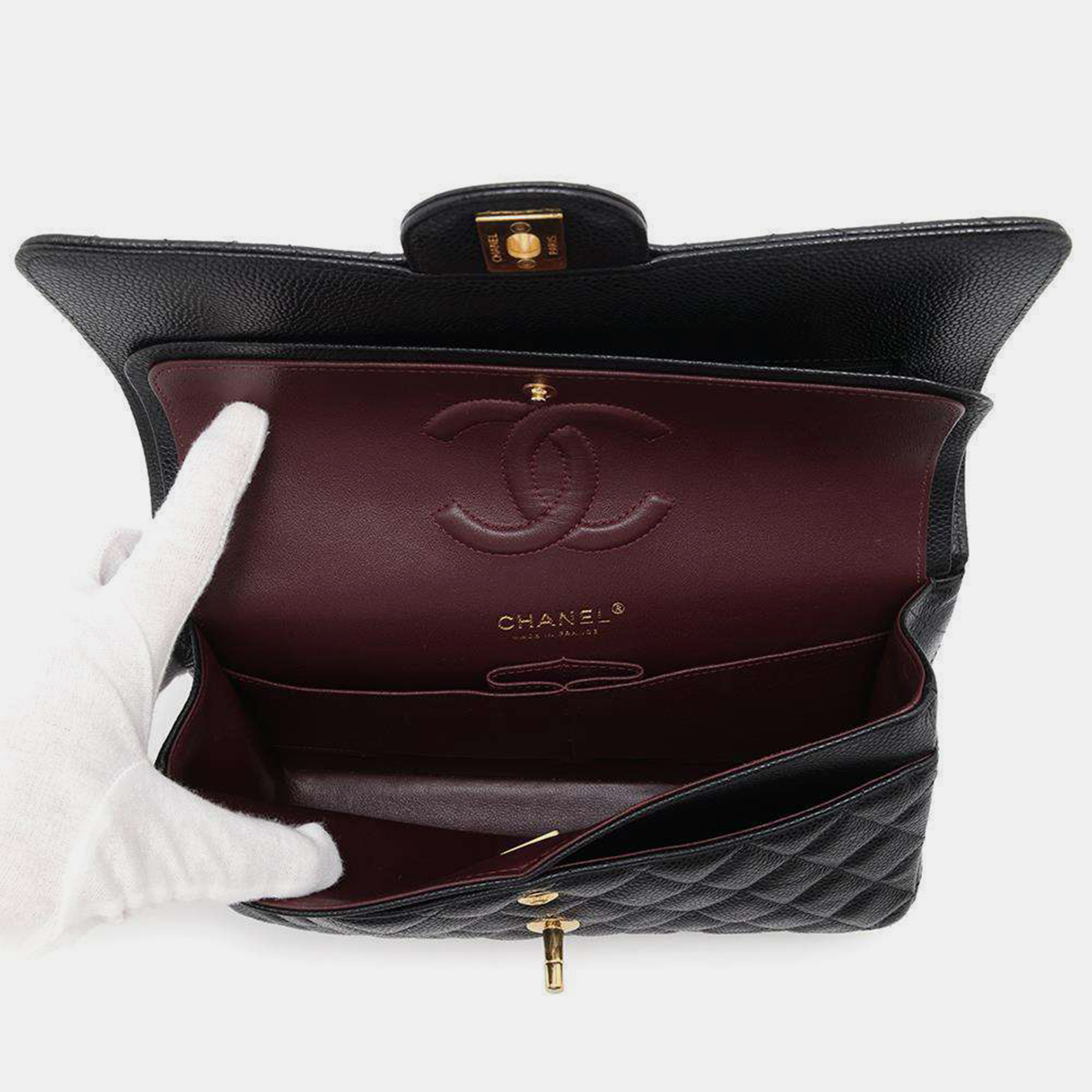 Chanel Black Caviar Leather Double Flap Chain Shoulder Bag 