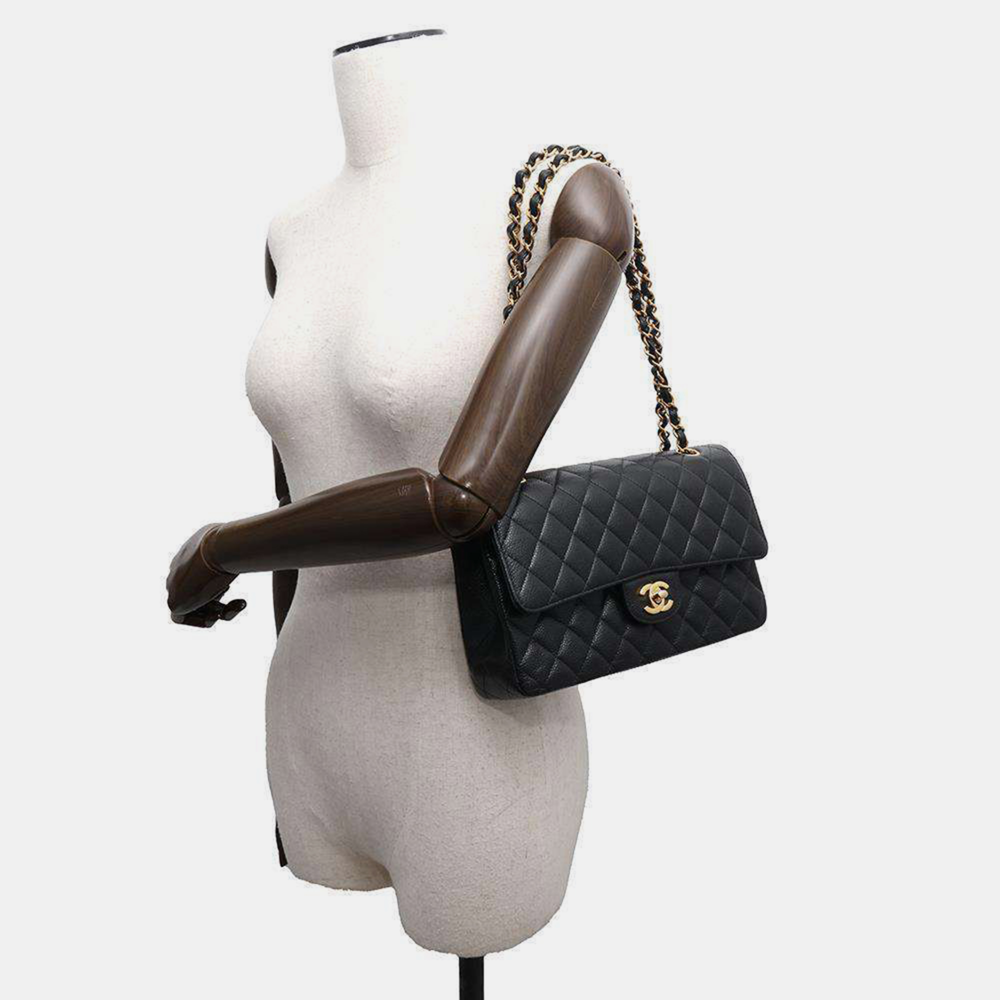 Chanel Black Caviar Leather Double Flap Chain Shoulder Bag 
