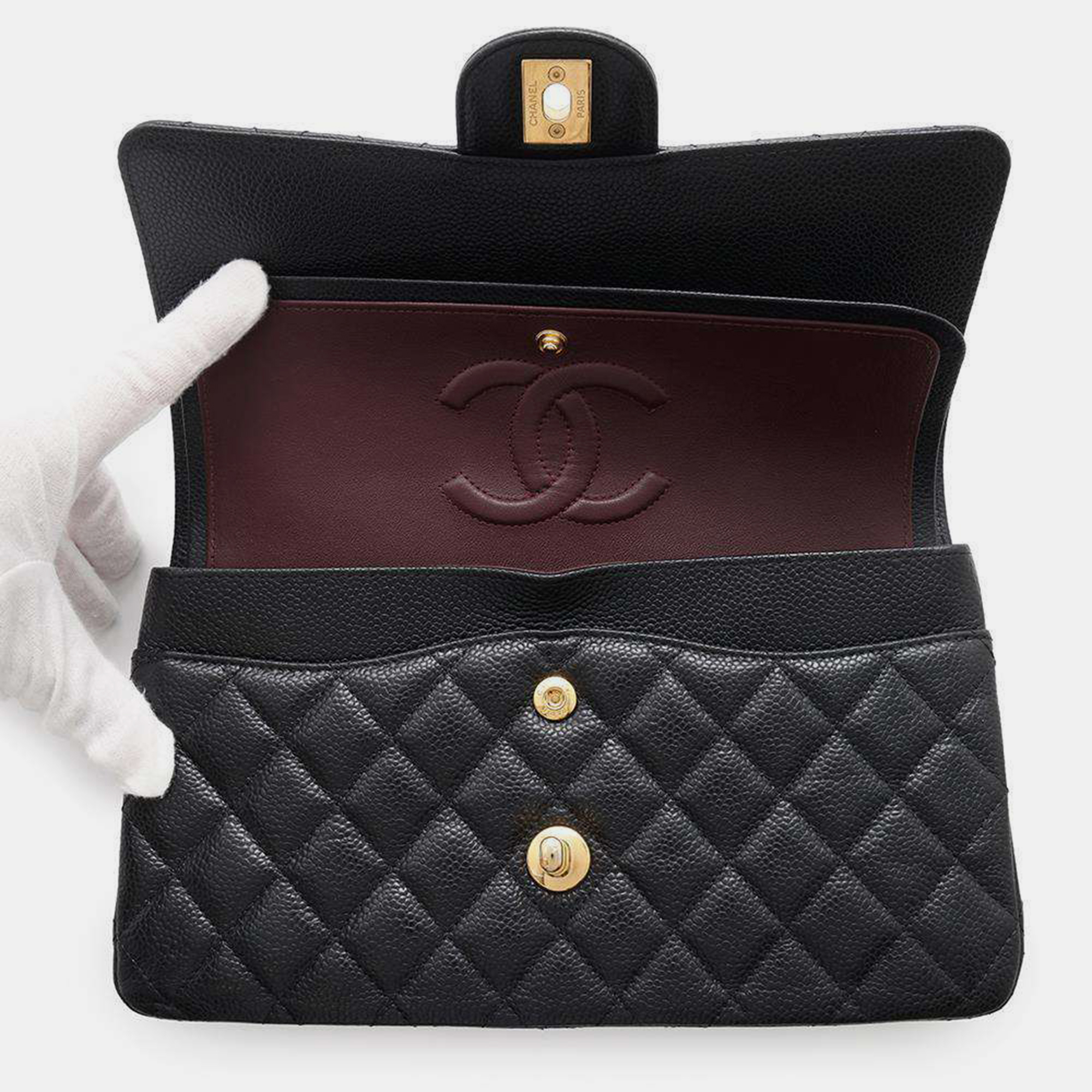 Chanel Black Caviar Leather Double Flap Chain Shoulder Bag 