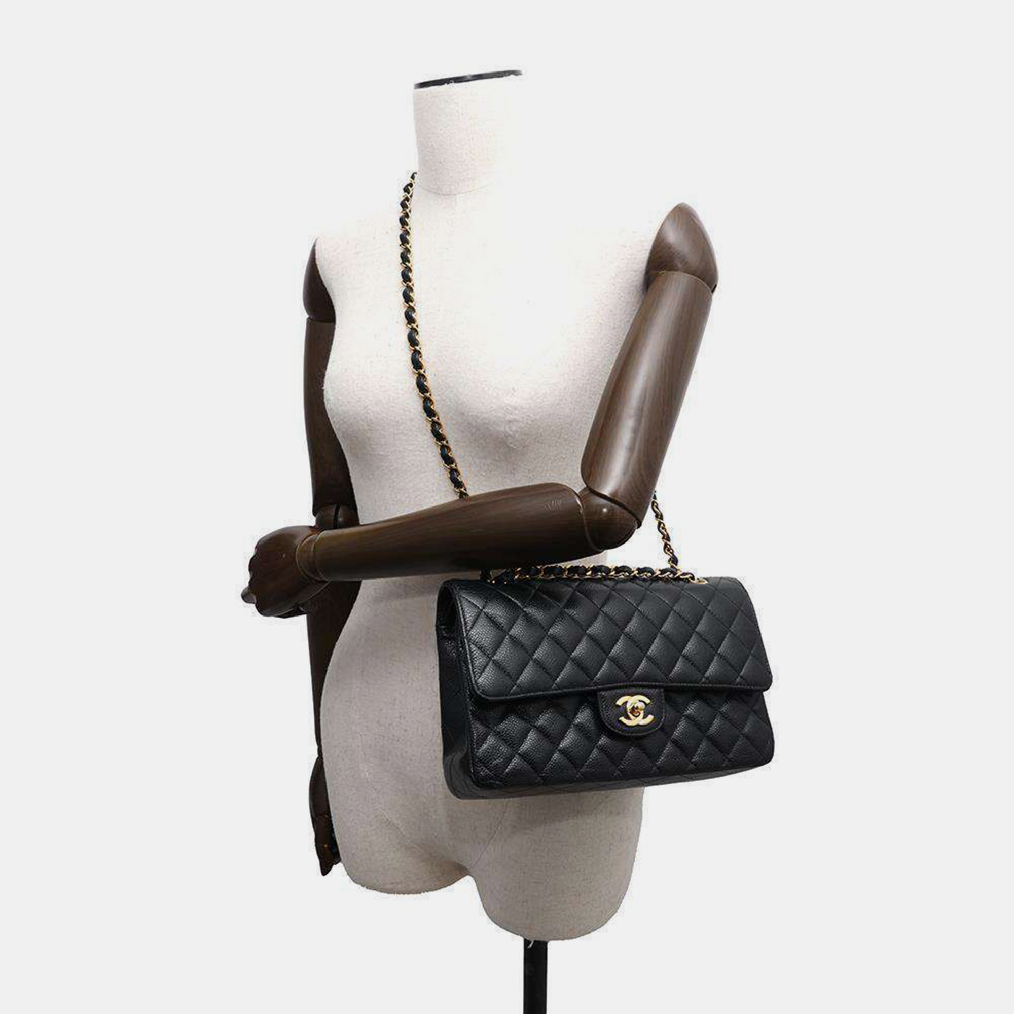 Chanel Black Caviar Leather Double Flap Chain Shoulder Bag 