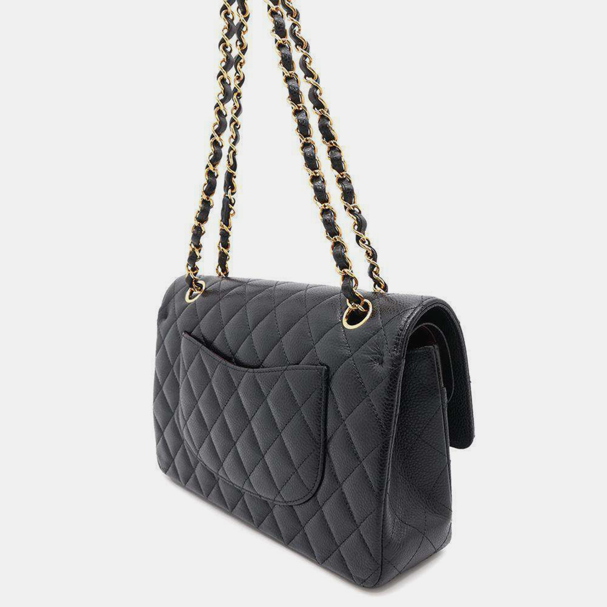 Chanel Black Caviar Leather Double Flap Chain Shoulder Bag 