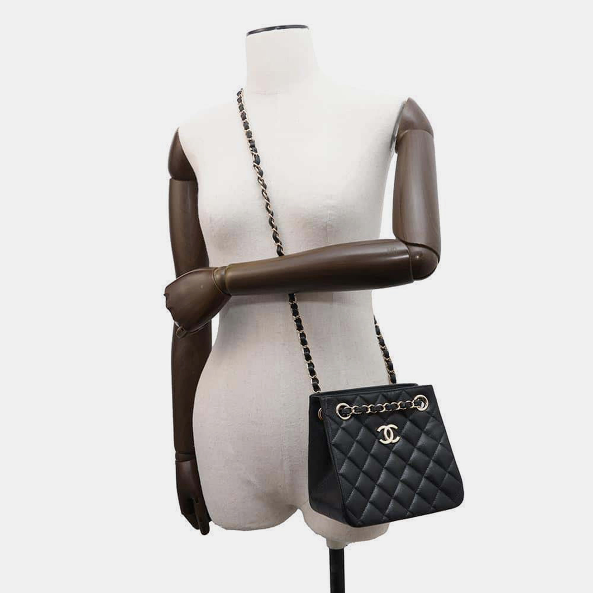 Chanel Black Caviar Leather Bucket Chain Shoulder Bag 