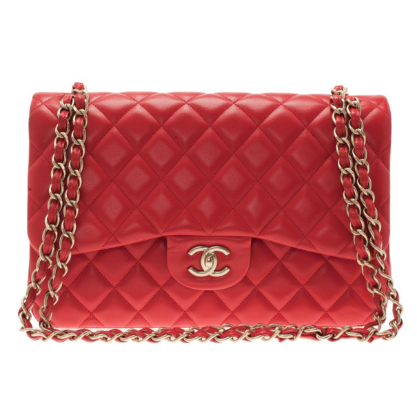 Chanel Red Lambskin Jumbo Double Flap Bag
