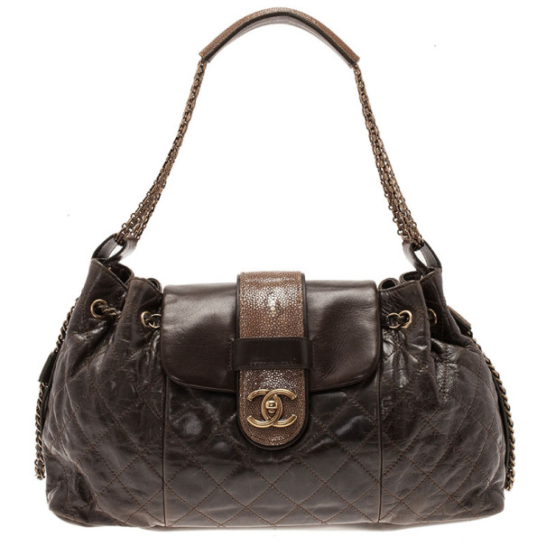Pre Owned Chanel Brown Calfskin and Stingray Jumbo Accordion Bag