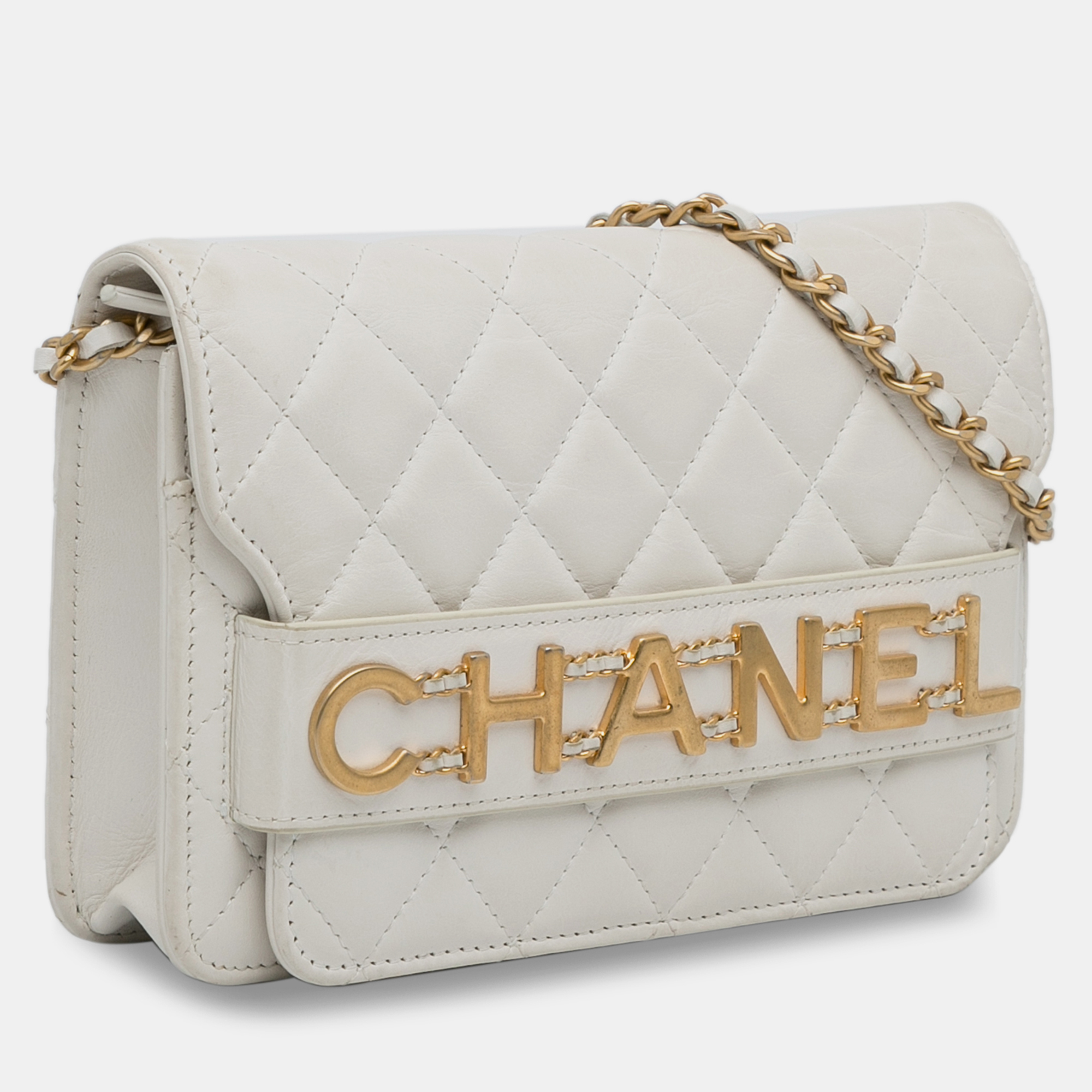 Chanel White Quilted Calfskin Logo Enchained Wallet On Chain 