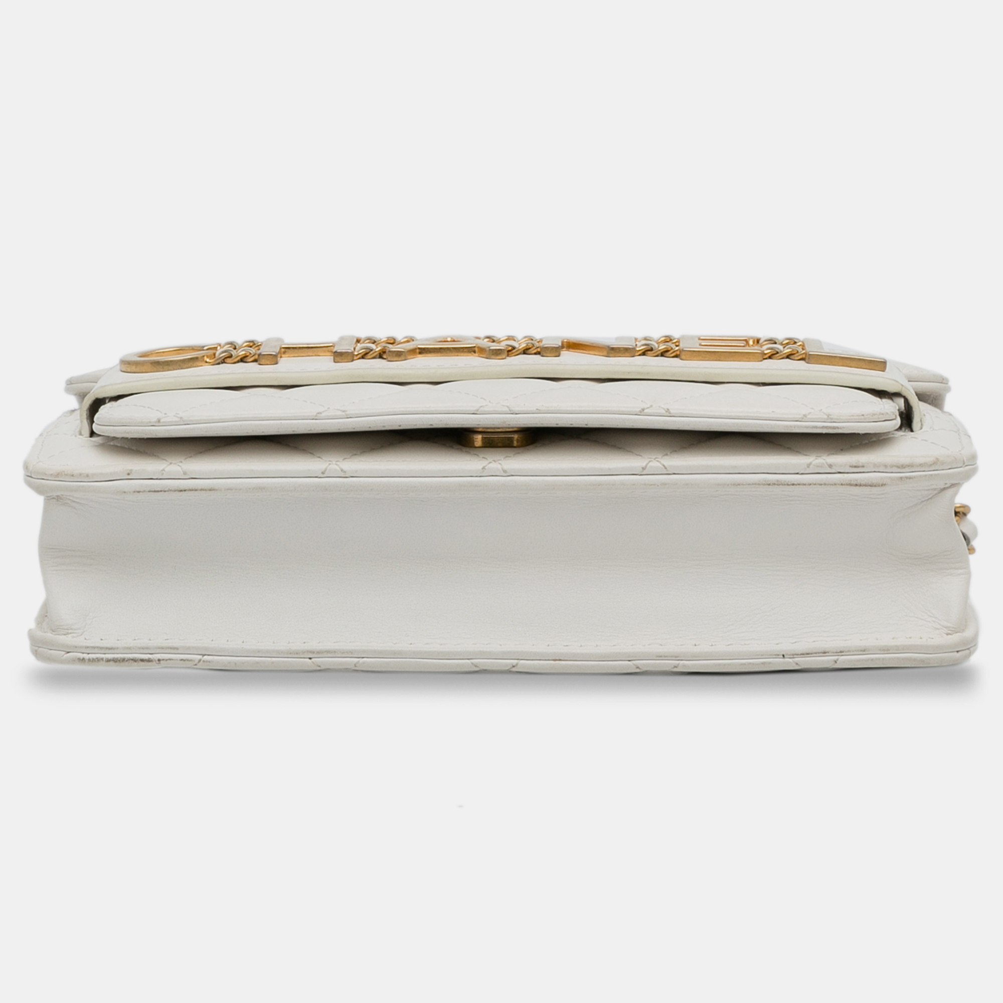 Chanel White Quilted Calfskin Logo Enchained Wallet On Chain 