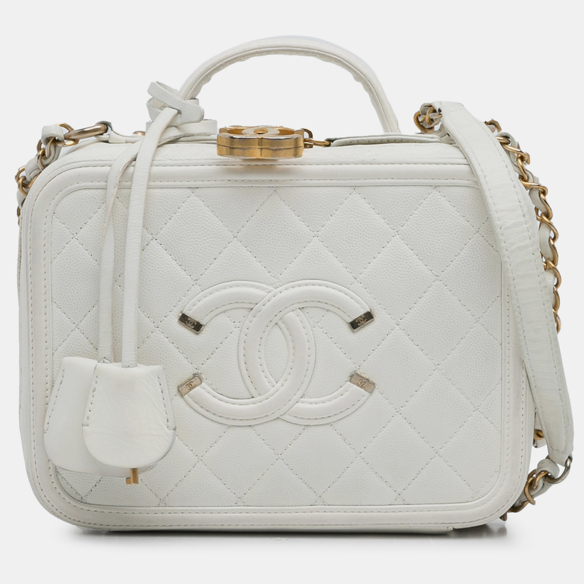 

Chanel White Caviar Leather Medium Filigree Vanity Case Bag