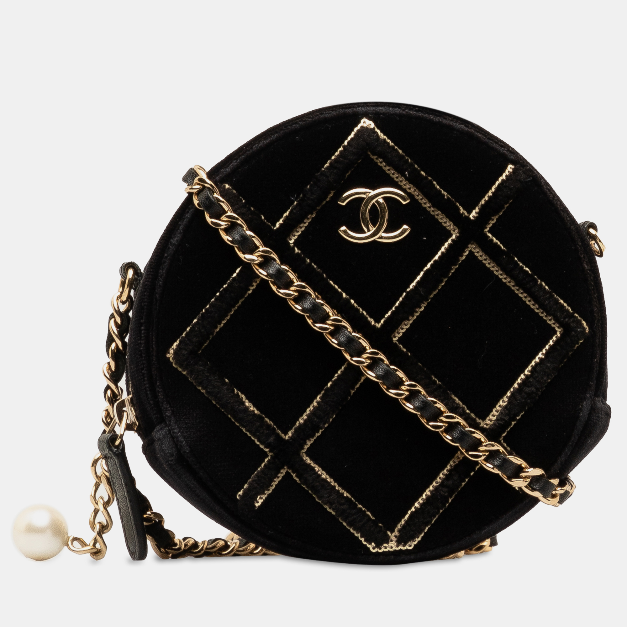 

Chanel Black Velvet Pearl Sequin Round Crossbody Bag