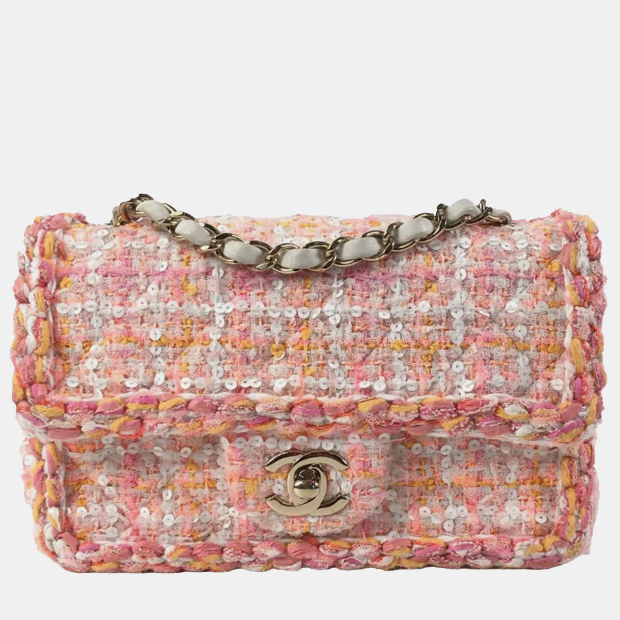 

Chanel Pink Mini Classic Rectangular Tweed Flap Bag