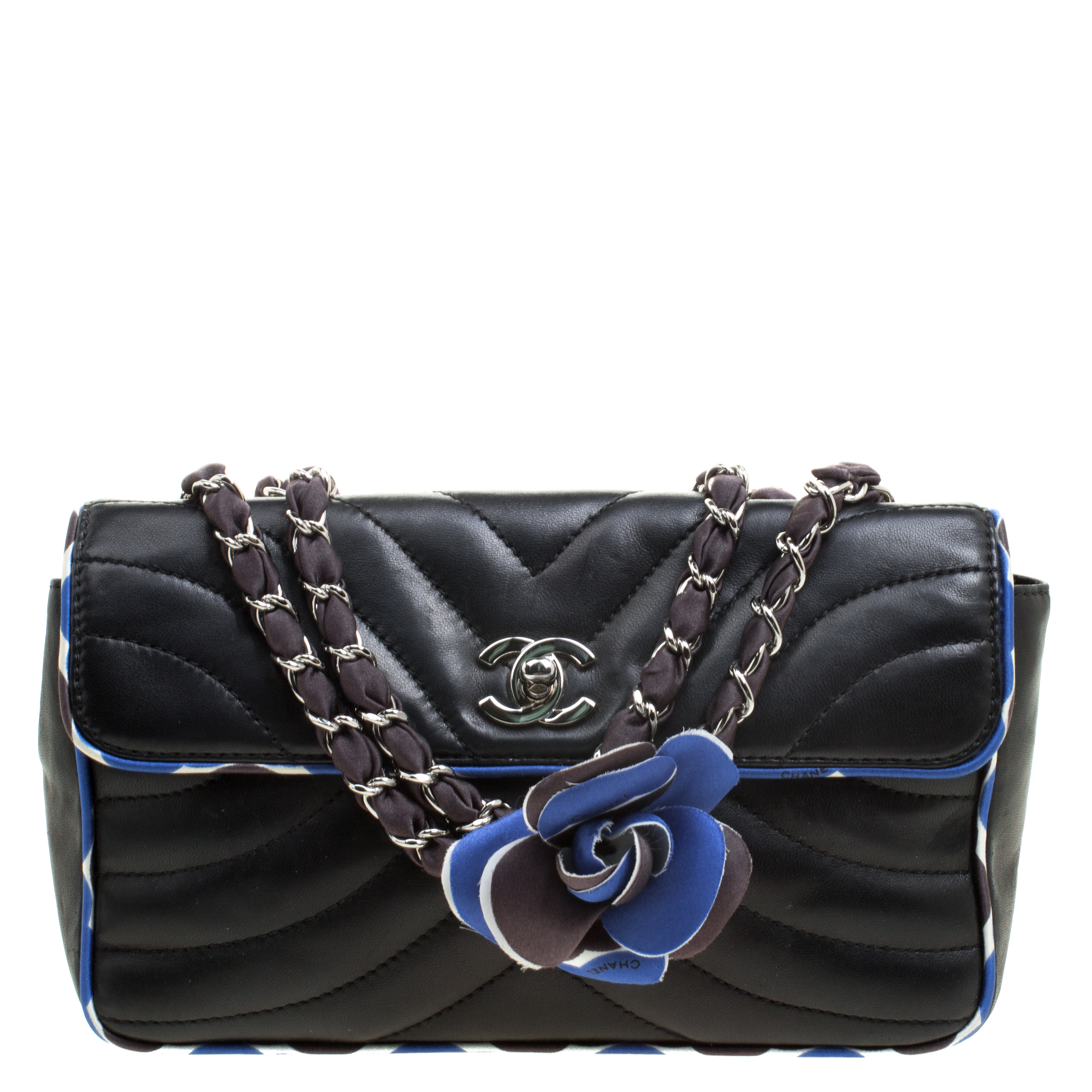 Pre Owned Chanel Black Chevron Silk Trim Leather Flap Bag
