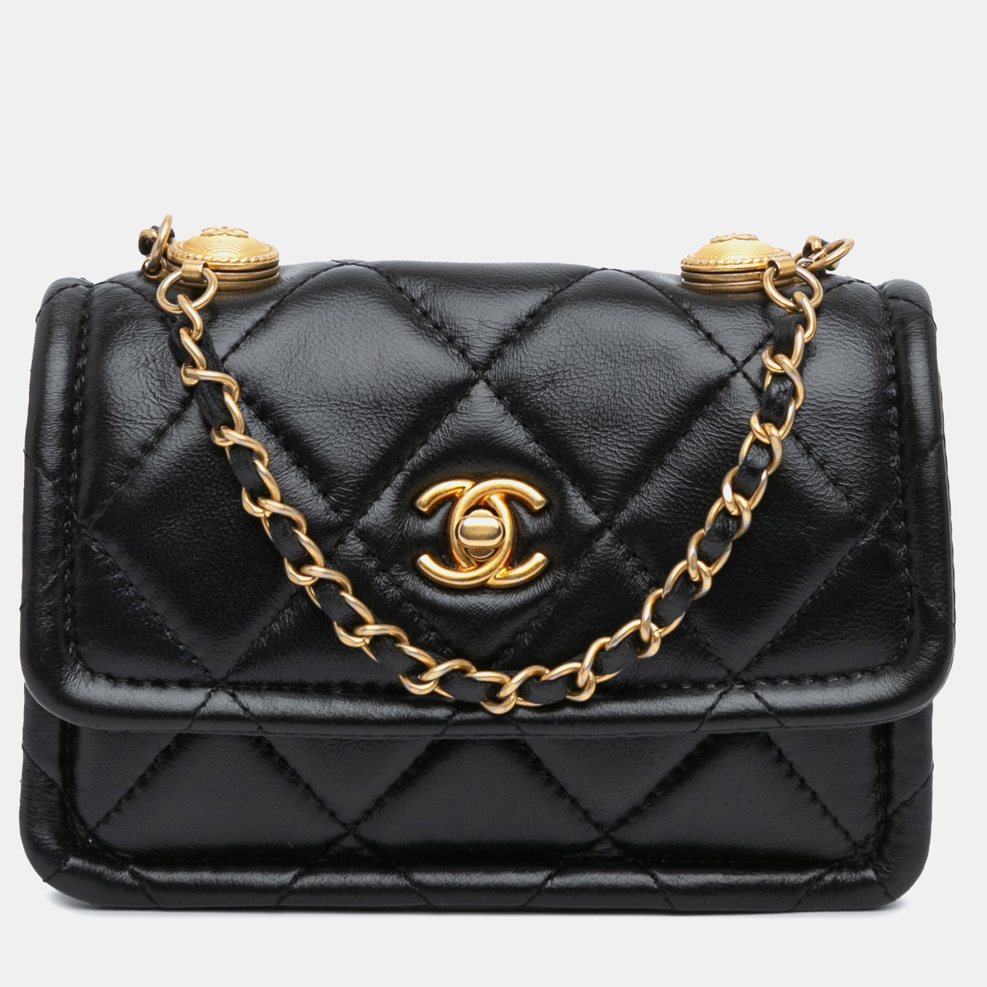 

Chanel Black Mini Lambskin Button On Top Flap