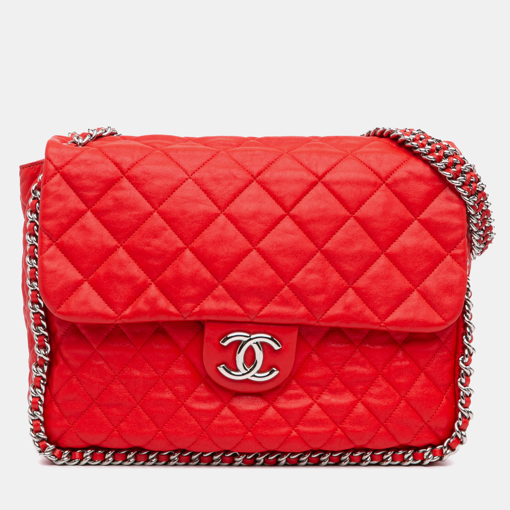 

Chanel Red Lambskin Leather Maxi Chain Around Flap Bag