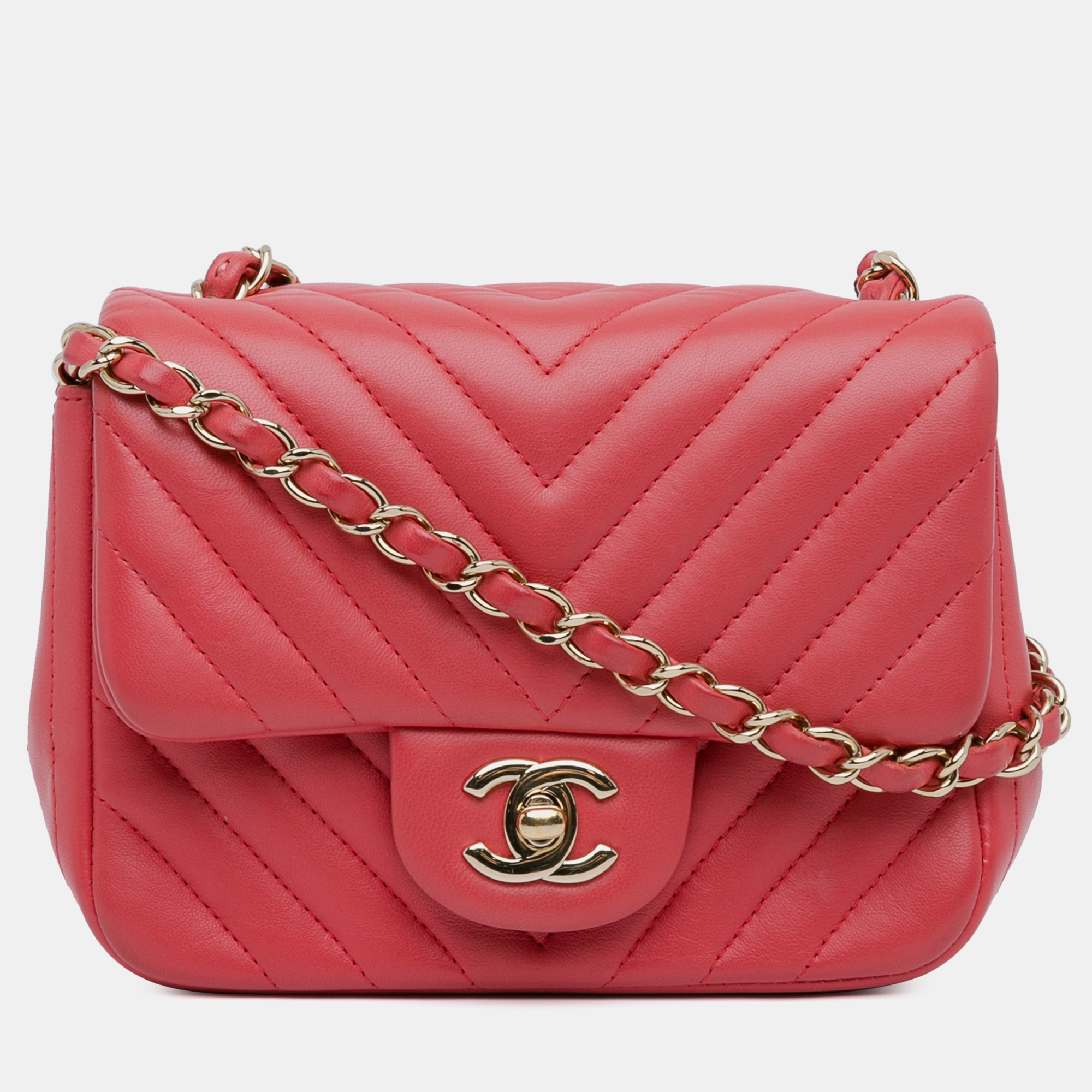 

Chanel Red Mini Square Classic Chevron Lambskin Single Flap Bag