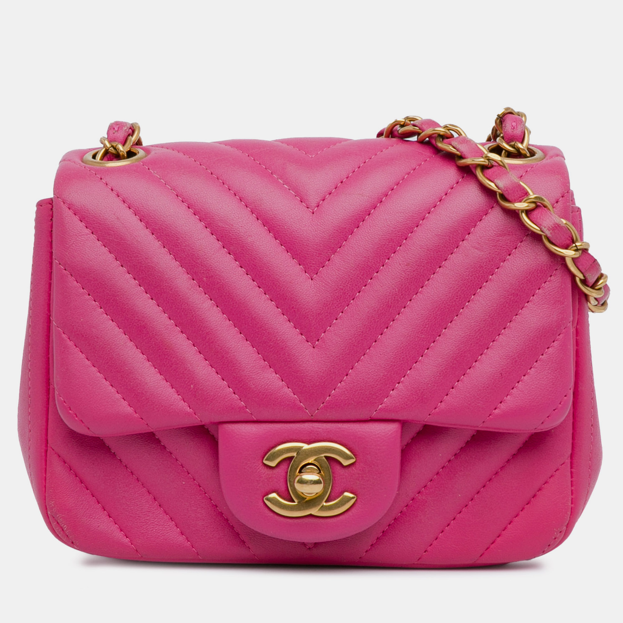 

Chanel Pink Mini Square Classic Chevron Lambskin Flap Bag