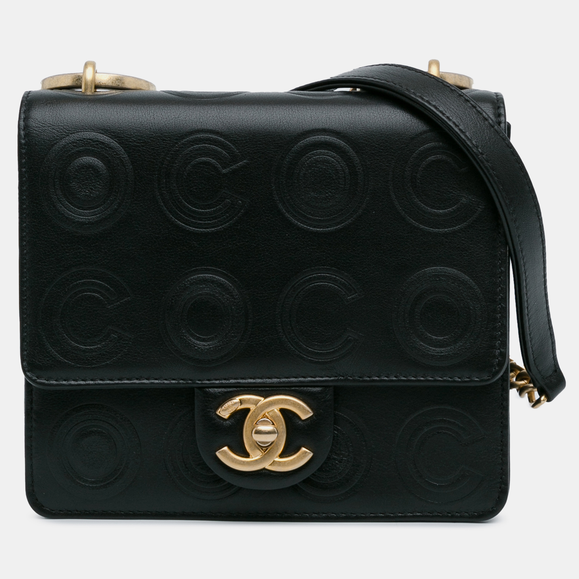 

Chanel Black Leather Mini Square Coco Embossed Flap Bag