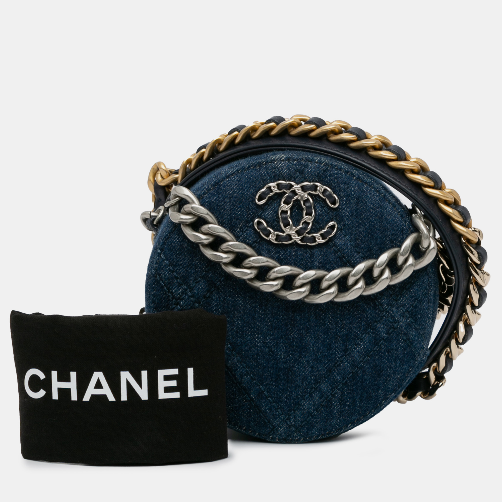 Chanel Navy Blue Denim 19 Round Clutch with Chain 