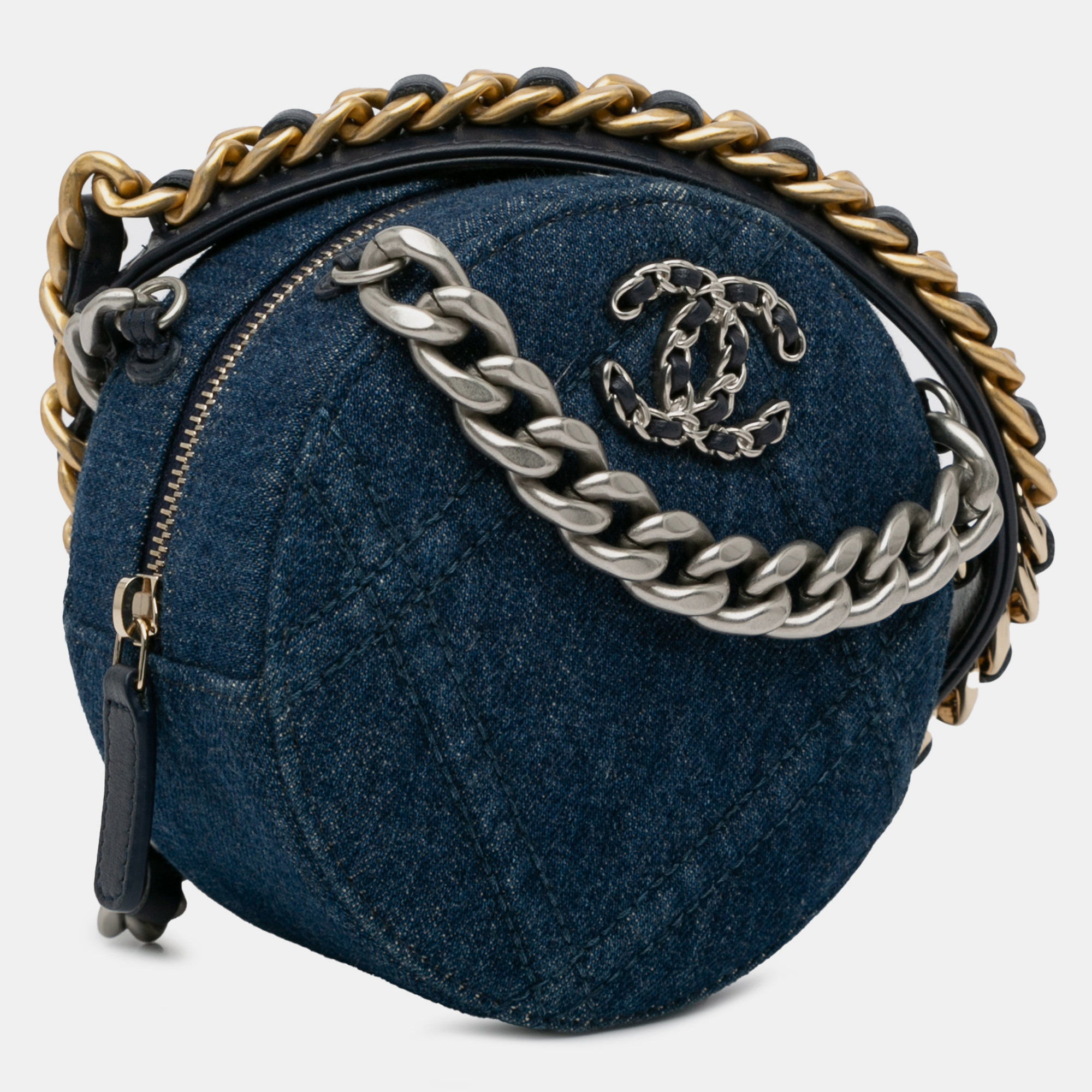 Chanel Navy Blue Denim 19 Round Clutch with Chain 
