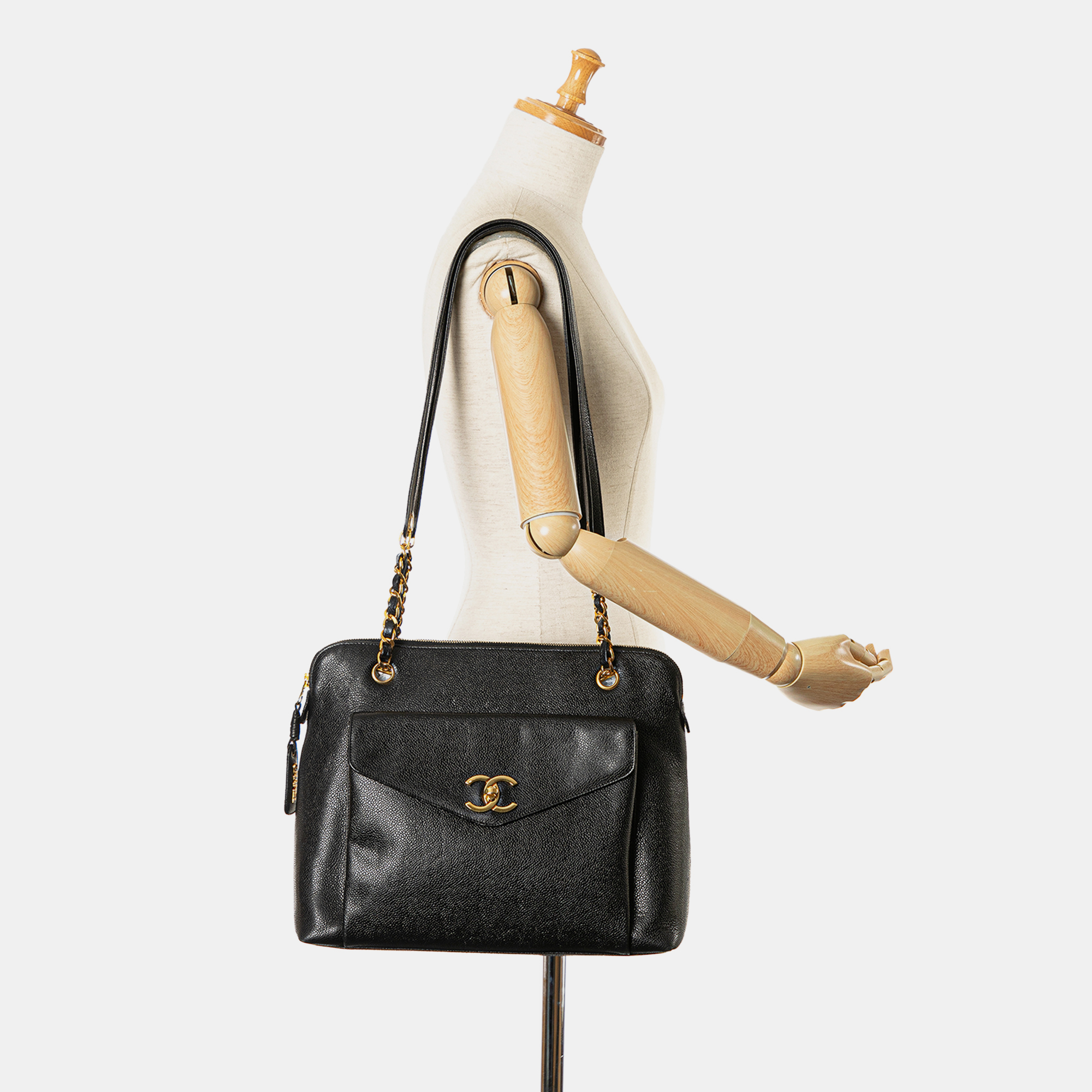 Chanel Black Caviar Front Pocket Chain Tote 