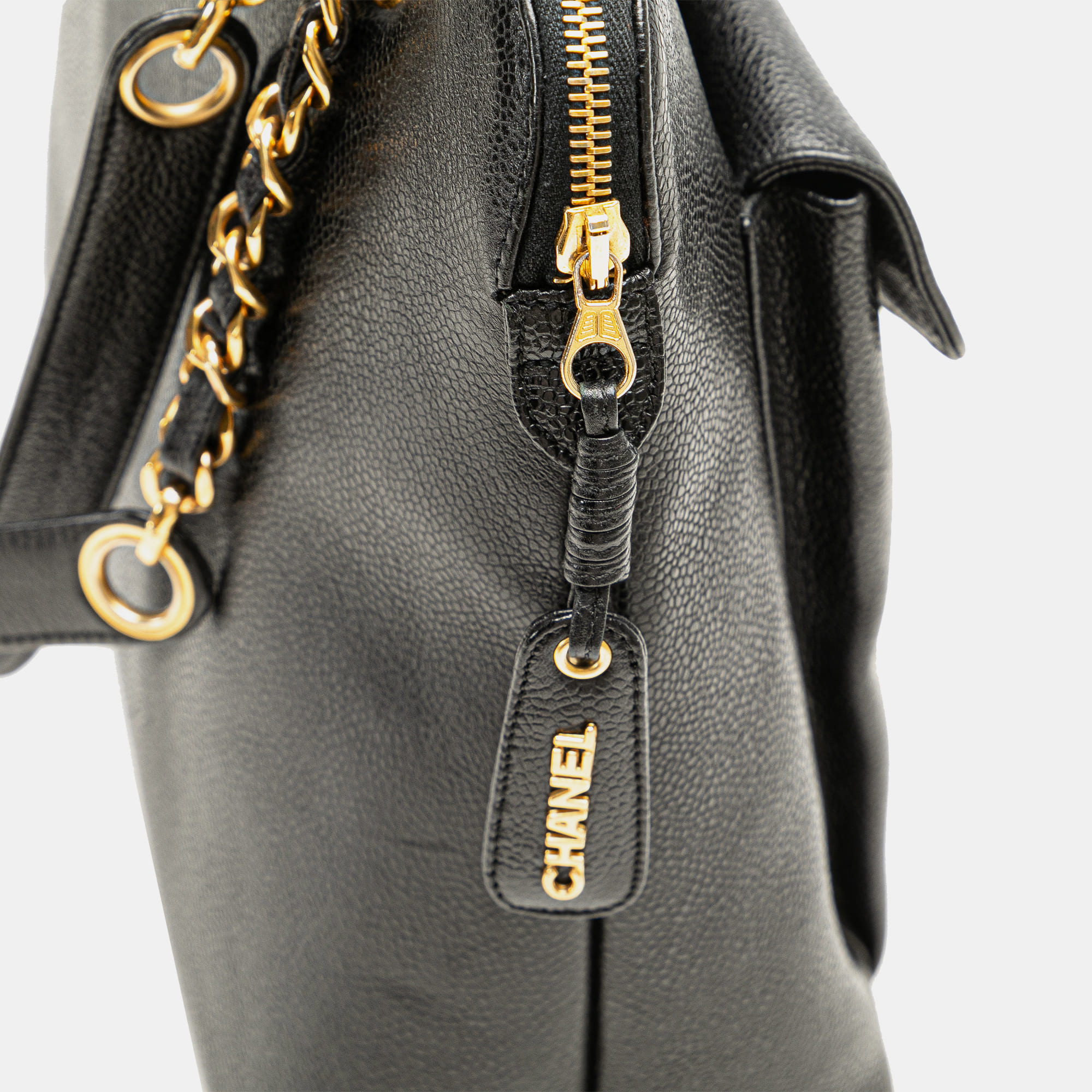 Chanel Black Caviar Front Pocket Chain Tote 