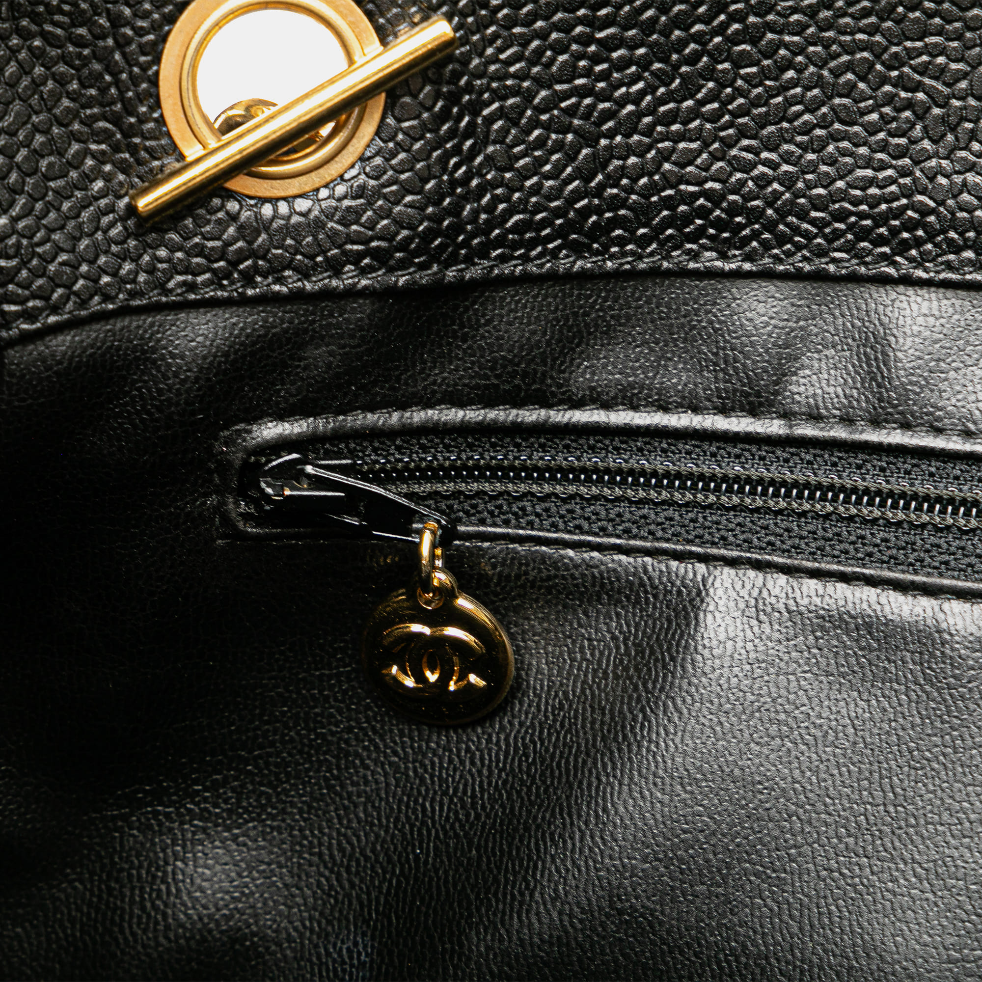 Chanel Black Caviar Front Pocket Chain Tote 