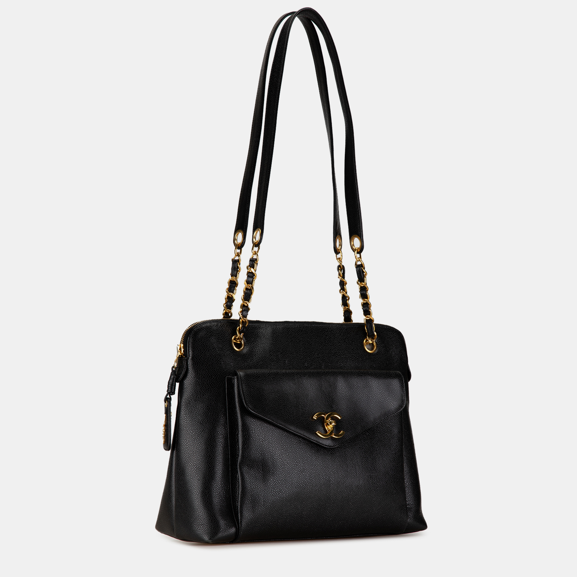 Chanel Black Caviar Front Pocket Chain Tote 