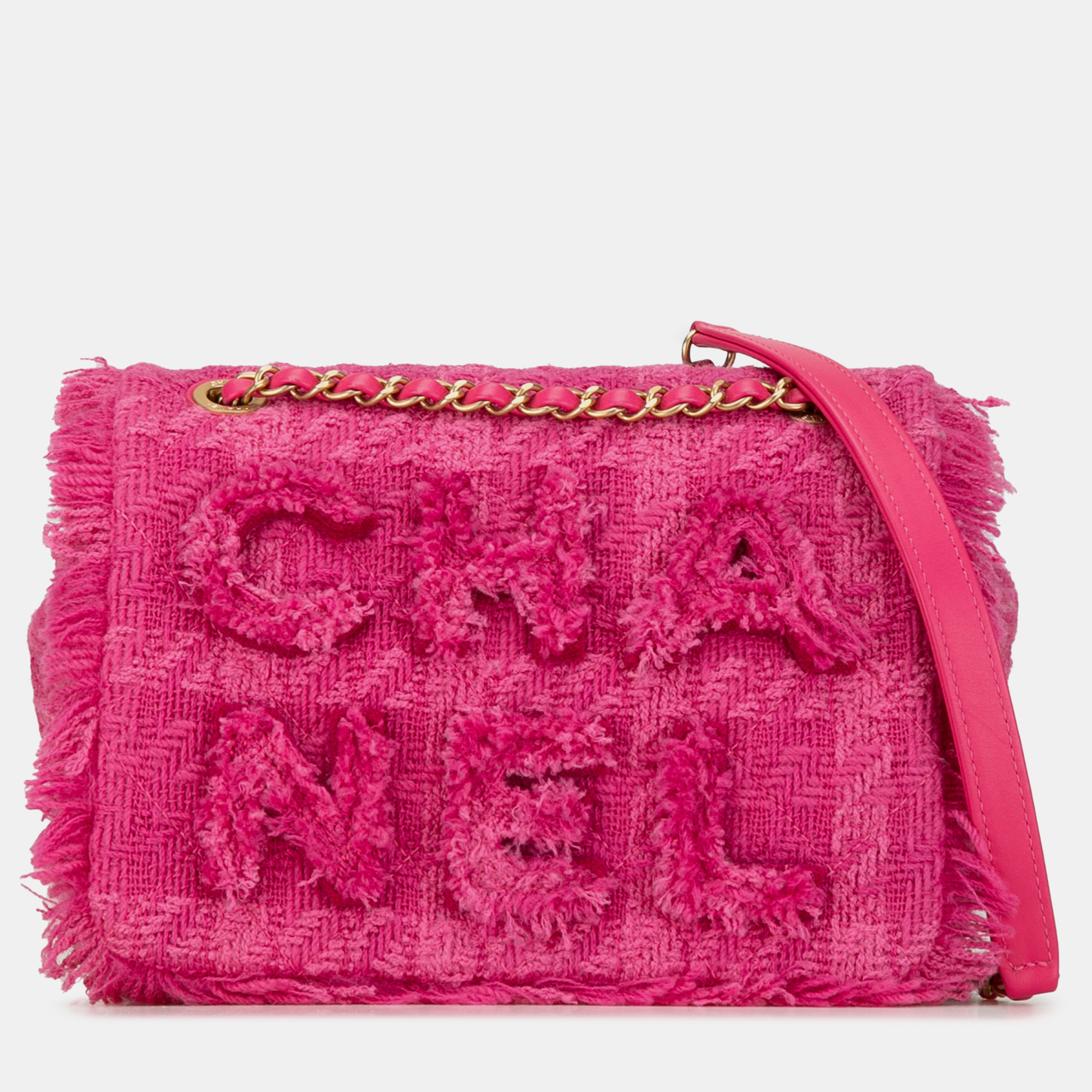 

Chanel Pink Wool Tweed Giant Logo Flap Bag