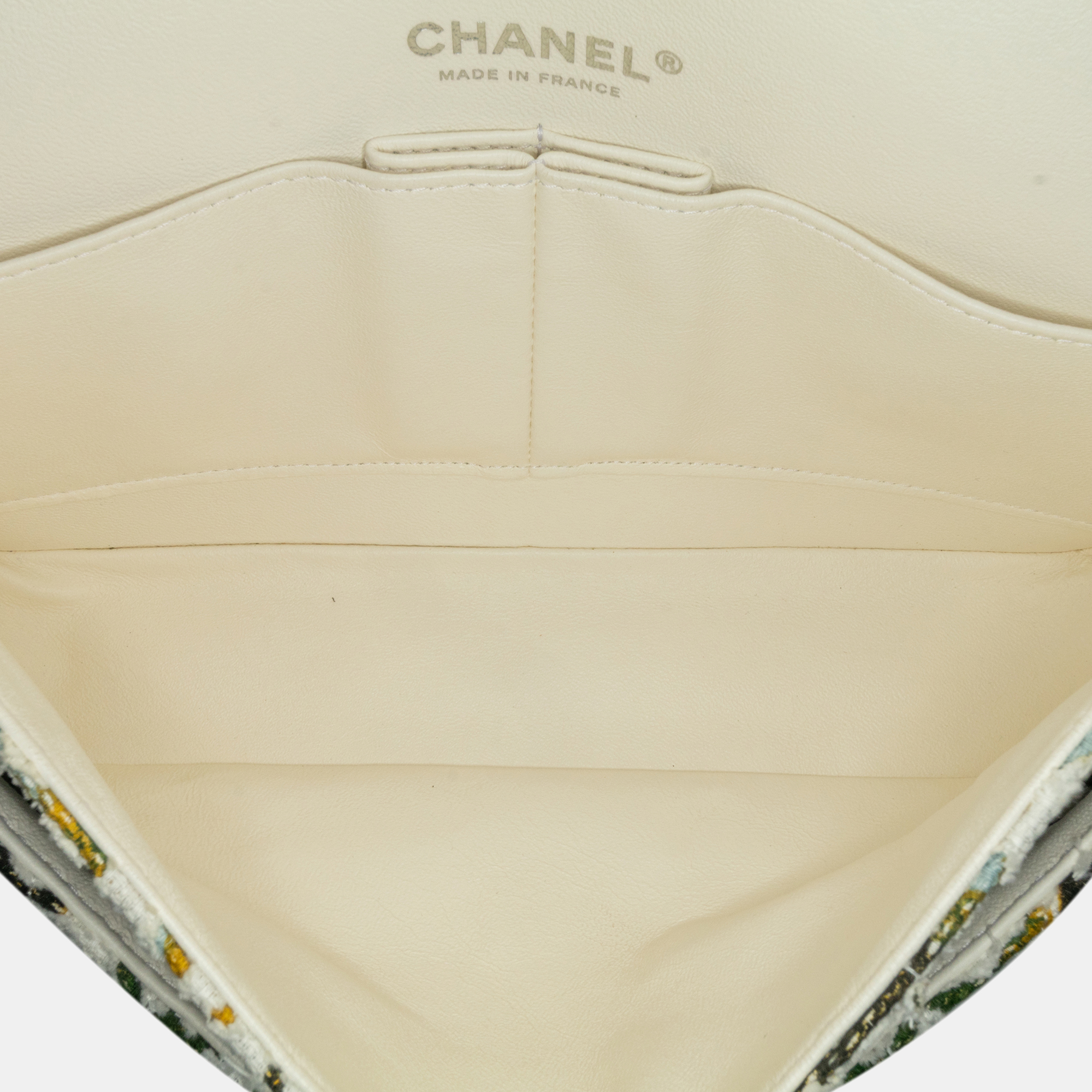 Chanel White Medium Tweed  Classic Chevron Floral Double Flap 