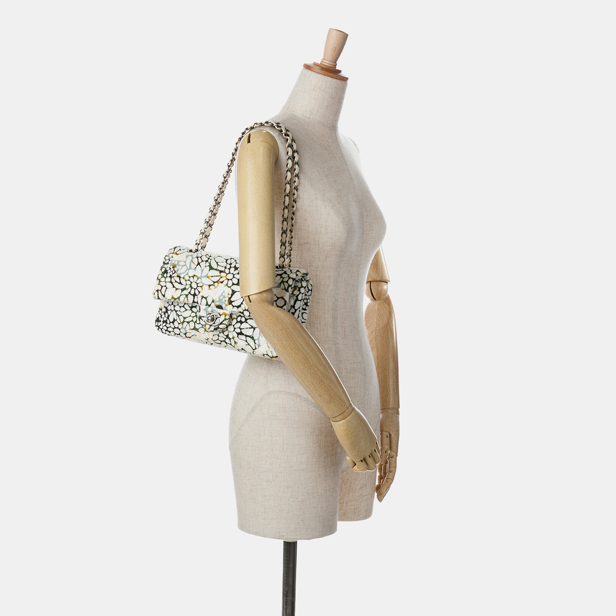Chanel White Medium Tweed  Classic Chevron Floral Double Flap 