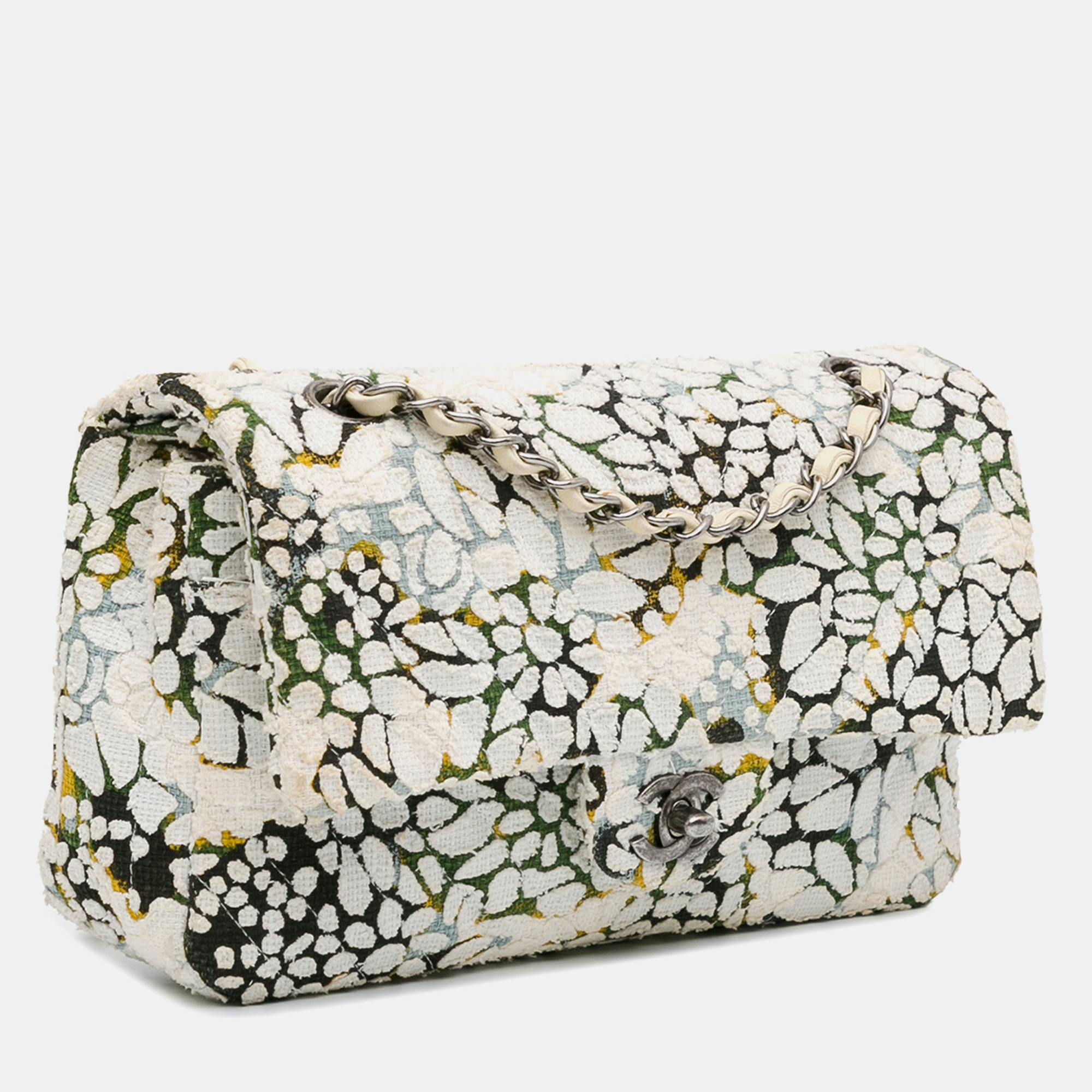 Chanel White Medium Tweed  Classic Chevron Floral Double Flap 