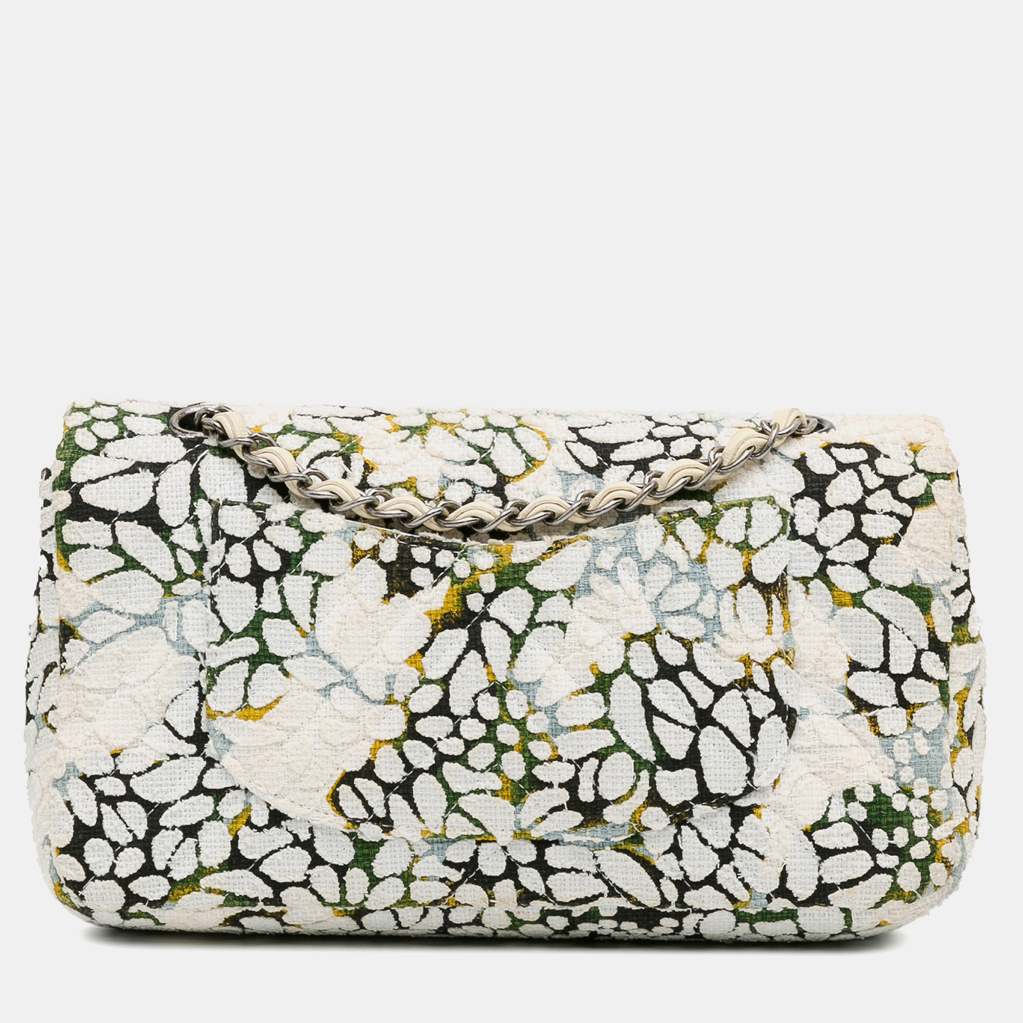 Chanel White Medium Tweed  Classic Chevron Floral Double Flap 