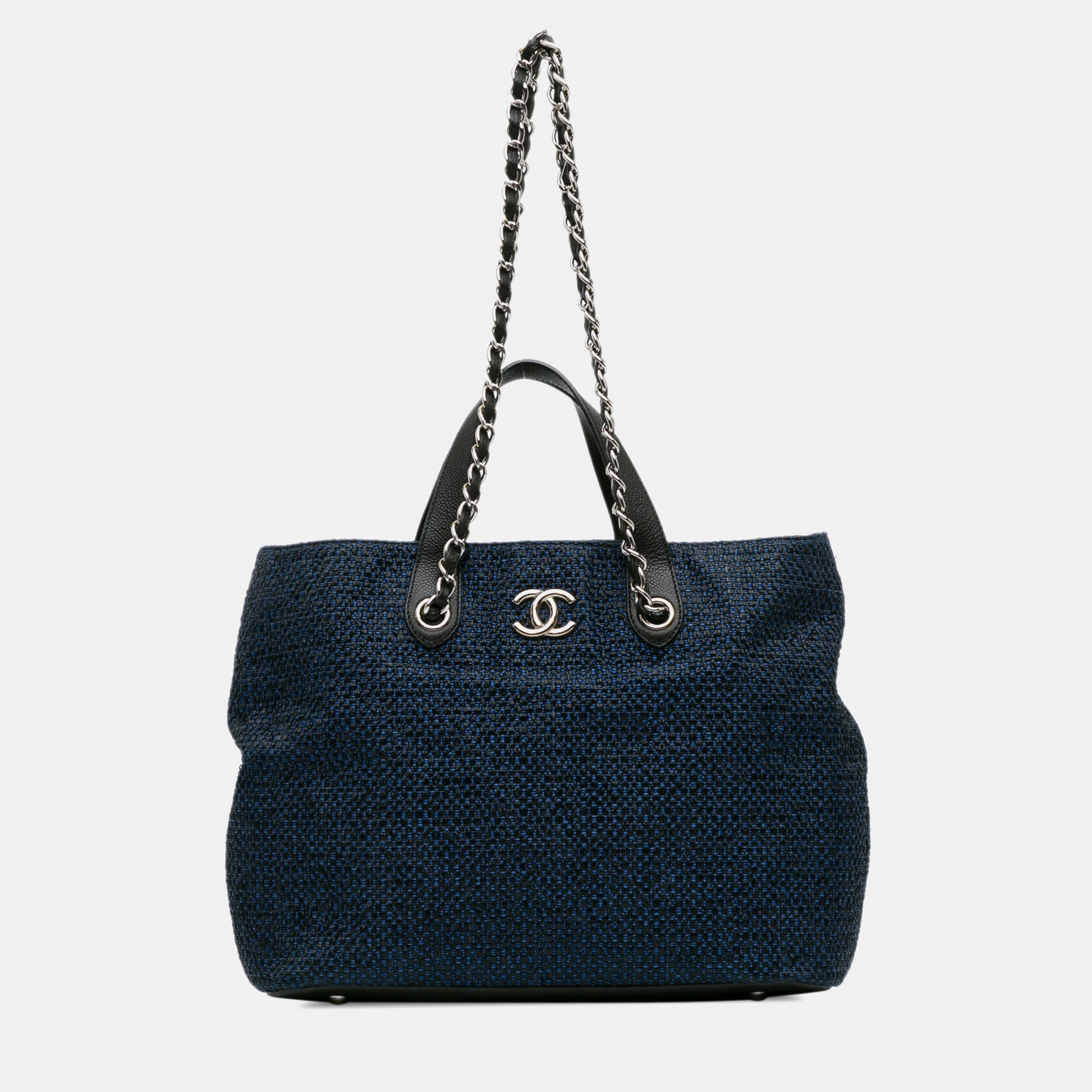 

Chanel Blue CC Straw and Caviar Drawstring Shopping Tote