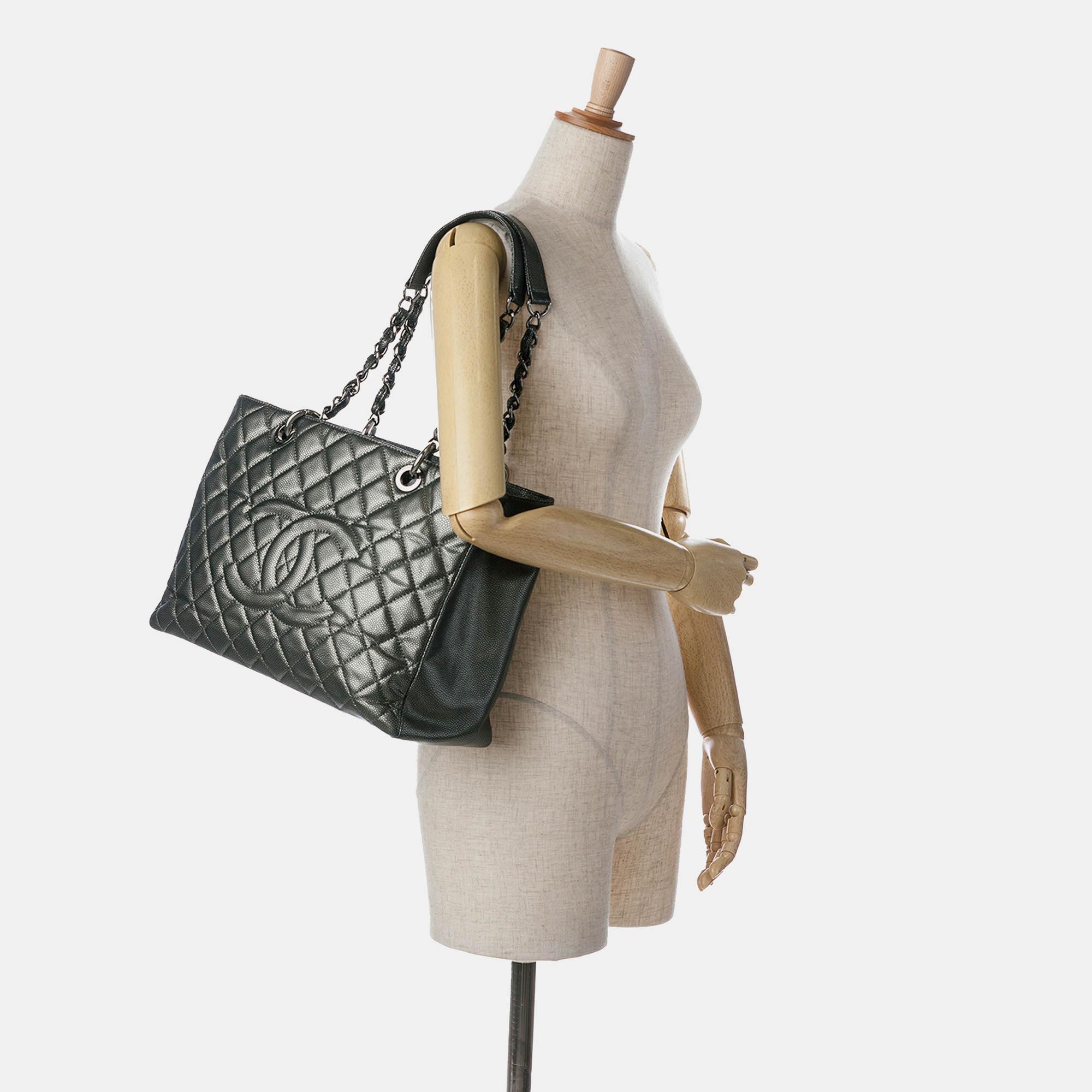 Chanel Grey Metallic Caviar Grand Shopping Tote 