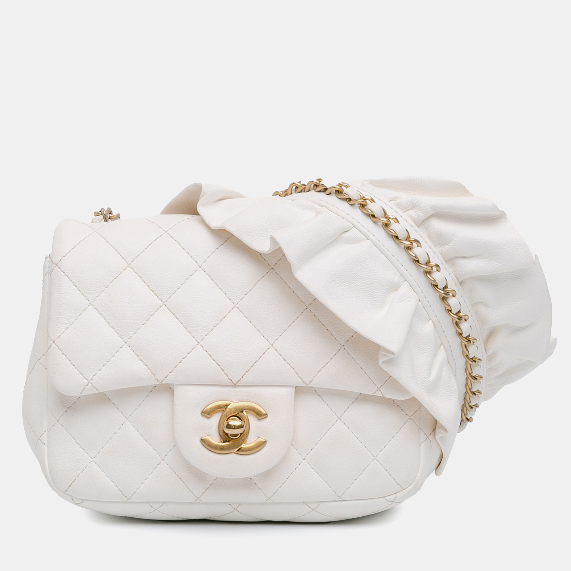 

Chanel White Mini Square Lambskin Romance Single Flap