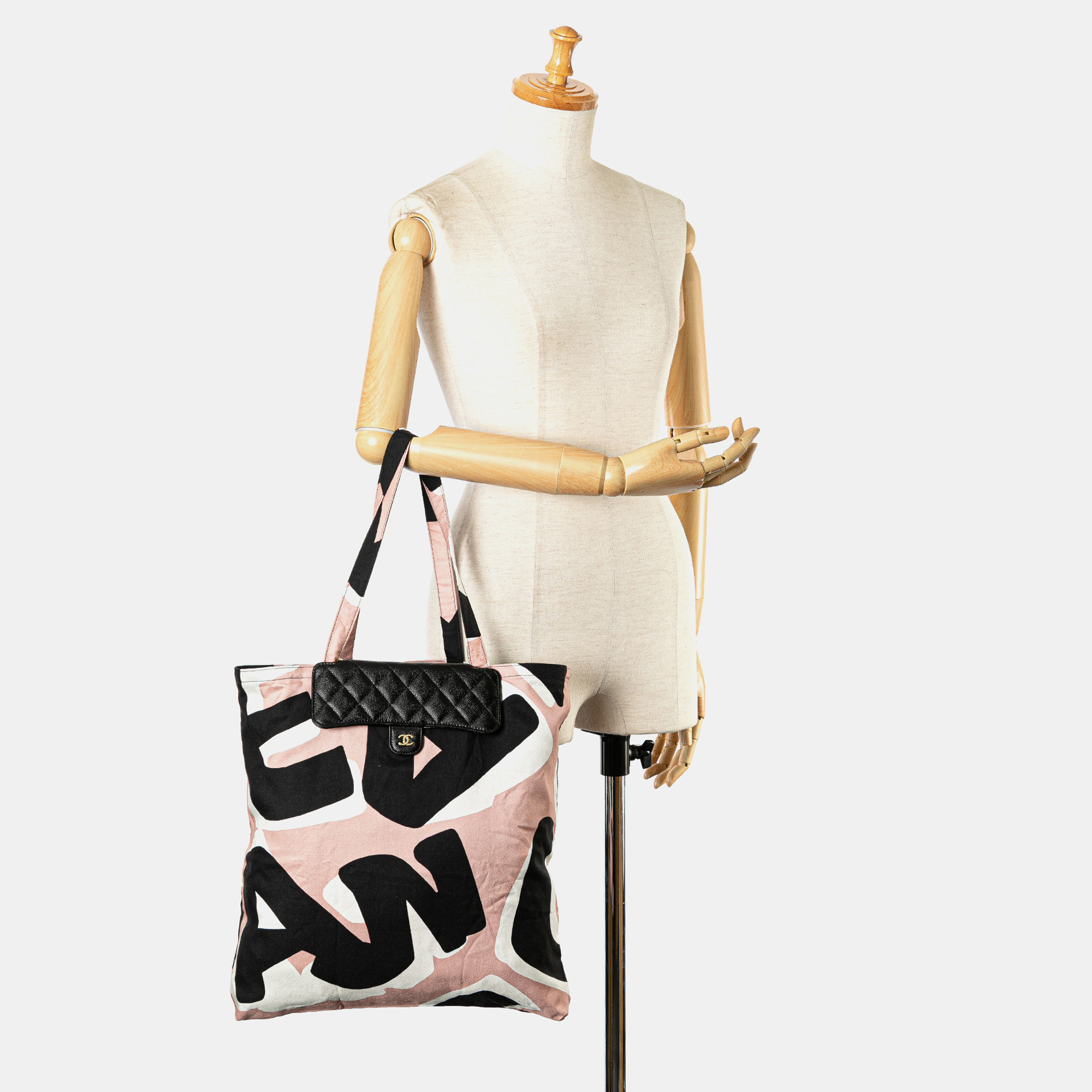 Chanel Black Pink Nylon Graffiti Foldable Shopping Tote in Caviar Flap 