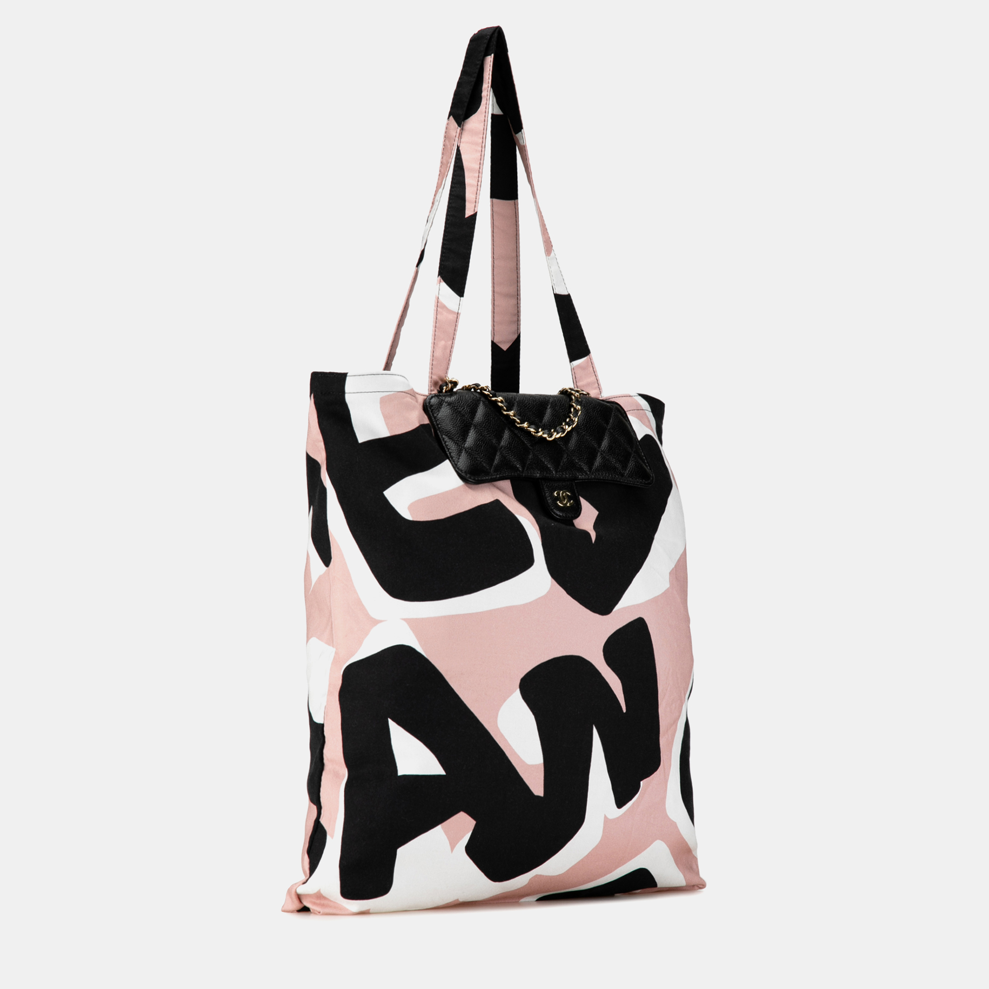 Chanel Black Pink Nylon Graffiti Foldable Shopping Tote in Caviar Flap 