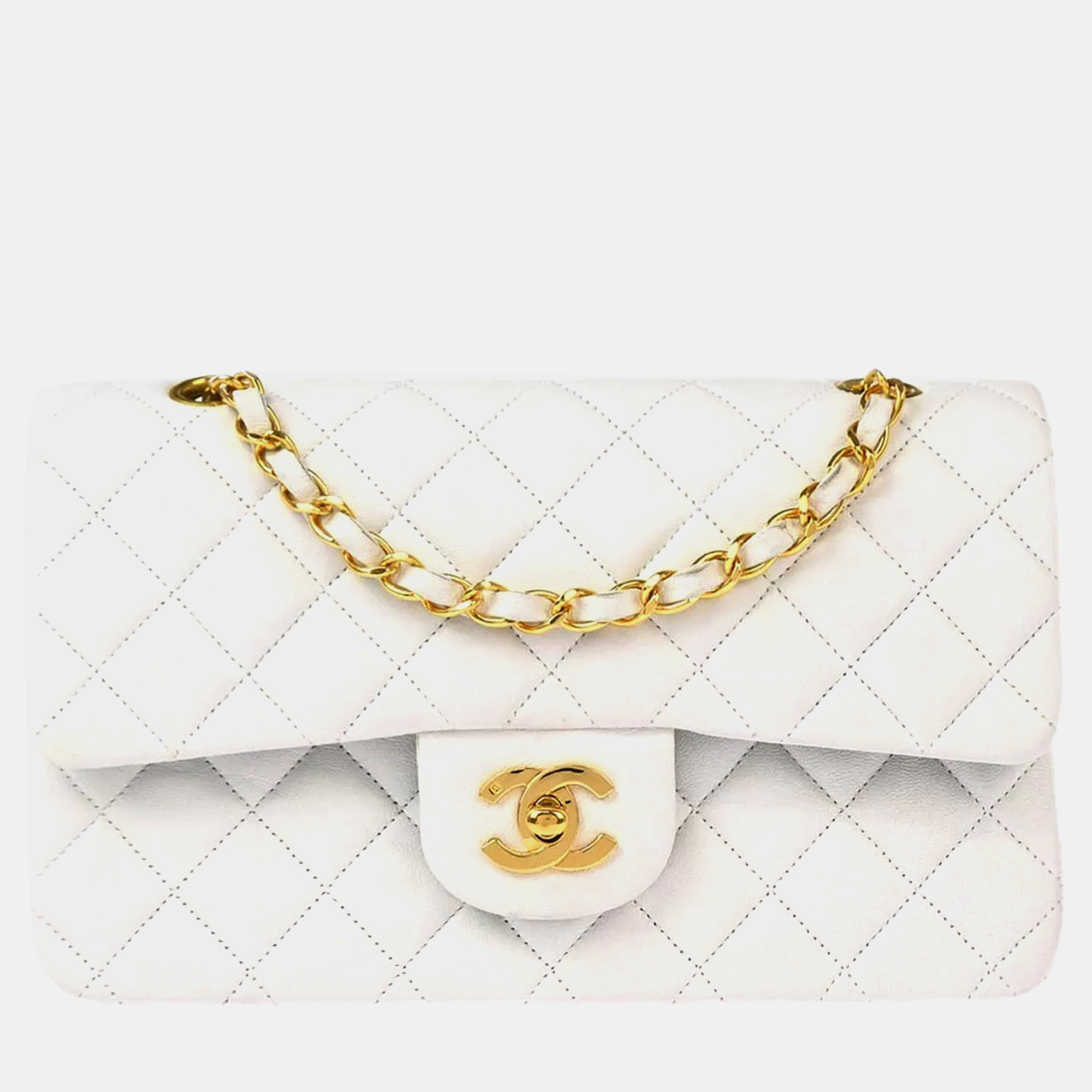 

Chanel White Lambskin Small Classic Double Flap Shoulder Bag