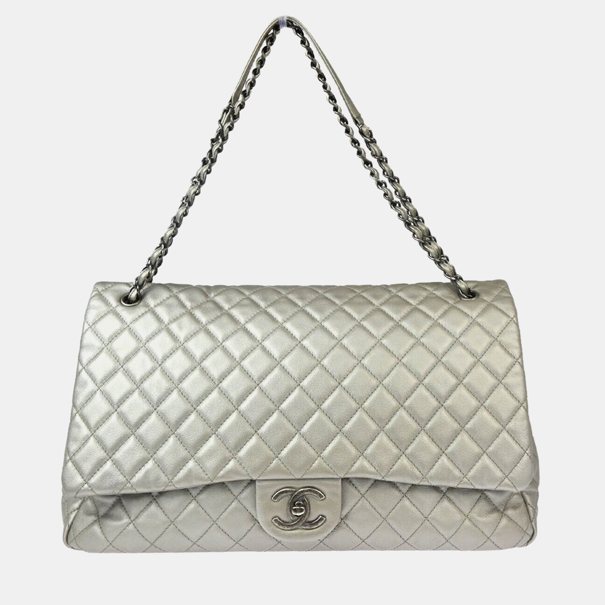 

Chanel Silver Calfskin  Single Flap Shoulder Bag