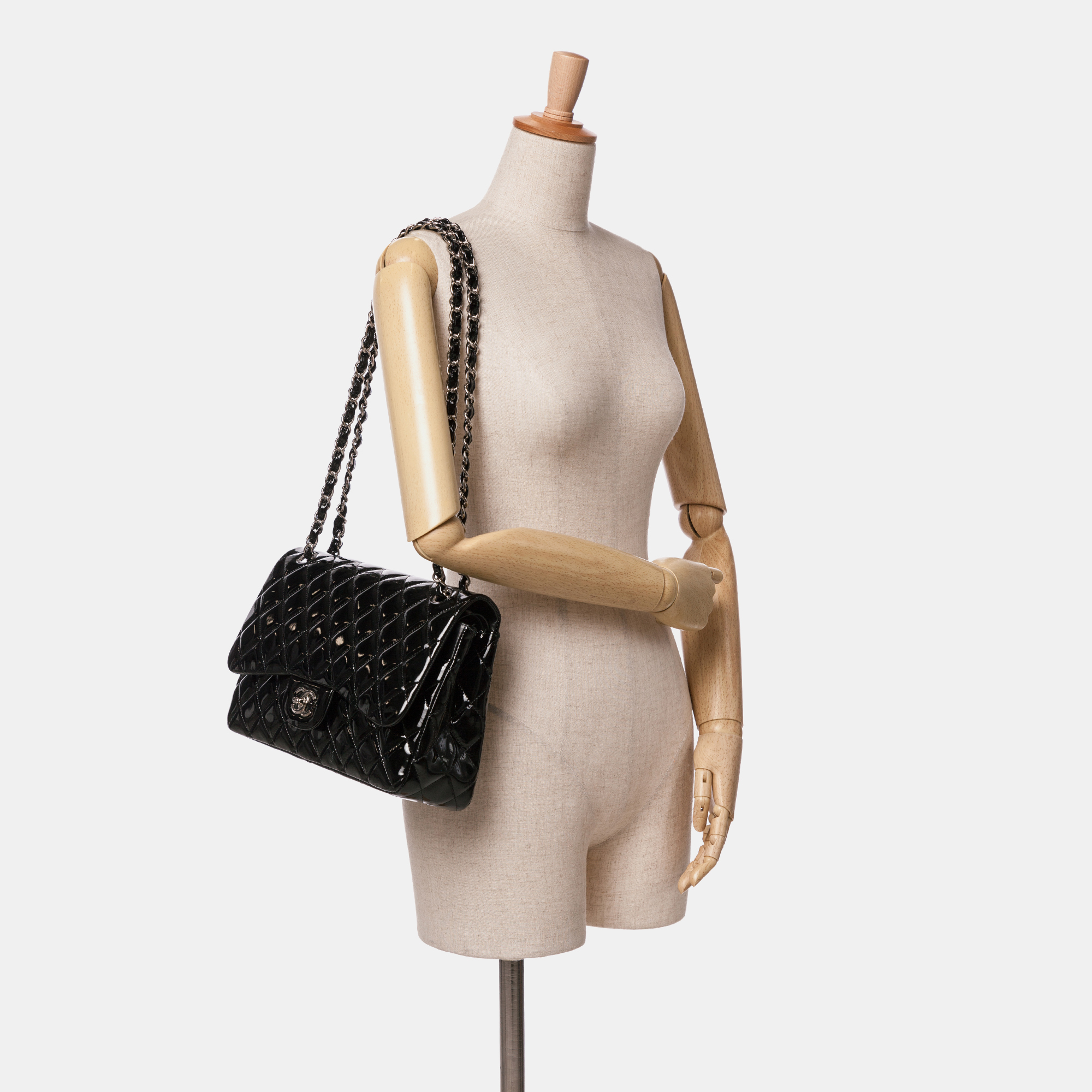 Chanel Black Patent Jumbo Classic Double Flap Bag 
