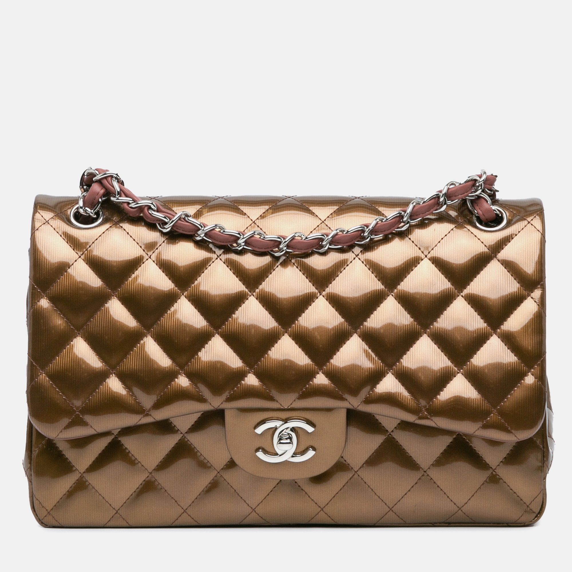 

Chanel Brown Jumbo Classic Metallic Patent Double Flap