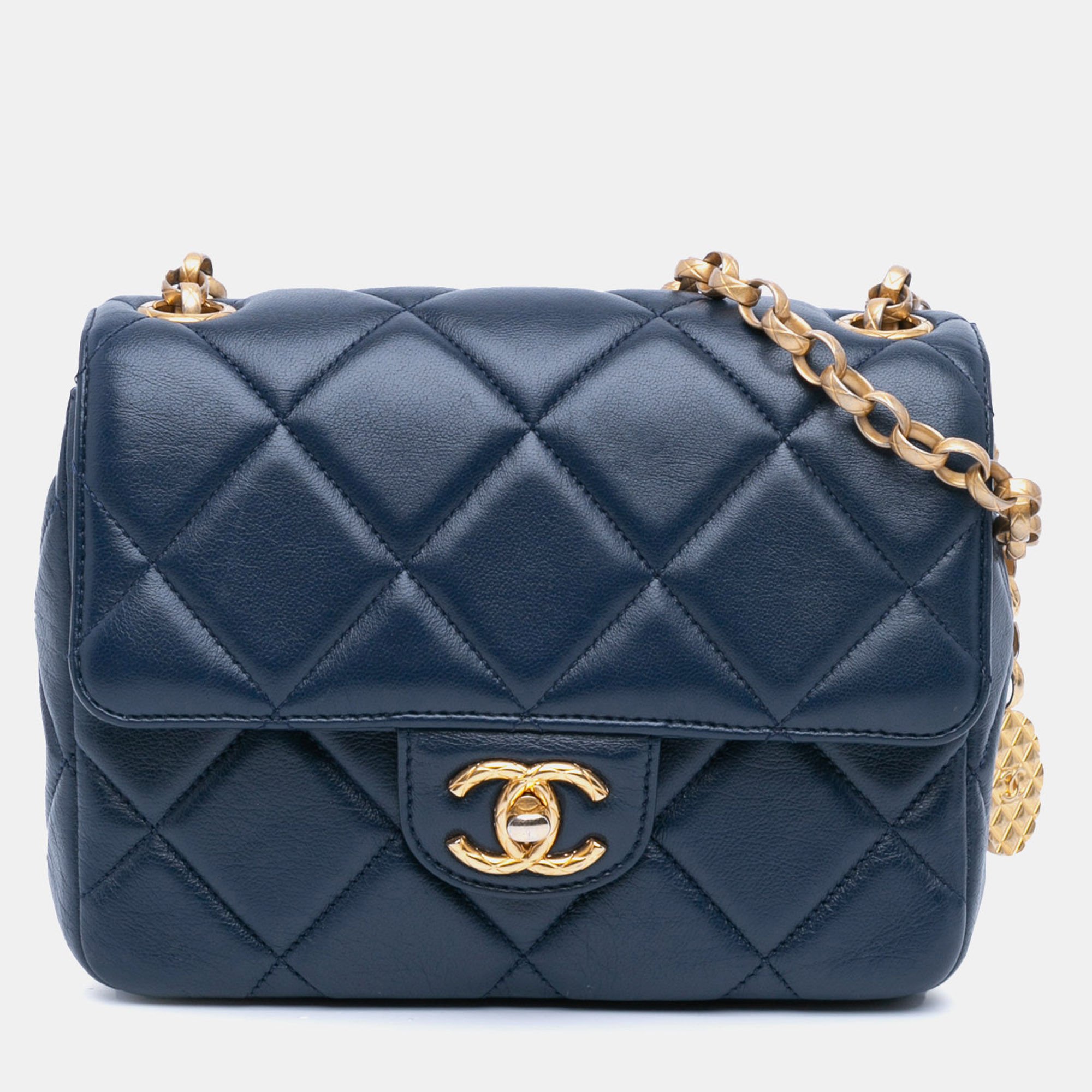 

Chanel Navy Blue Mini Square CC Quilted Lambskin Flap