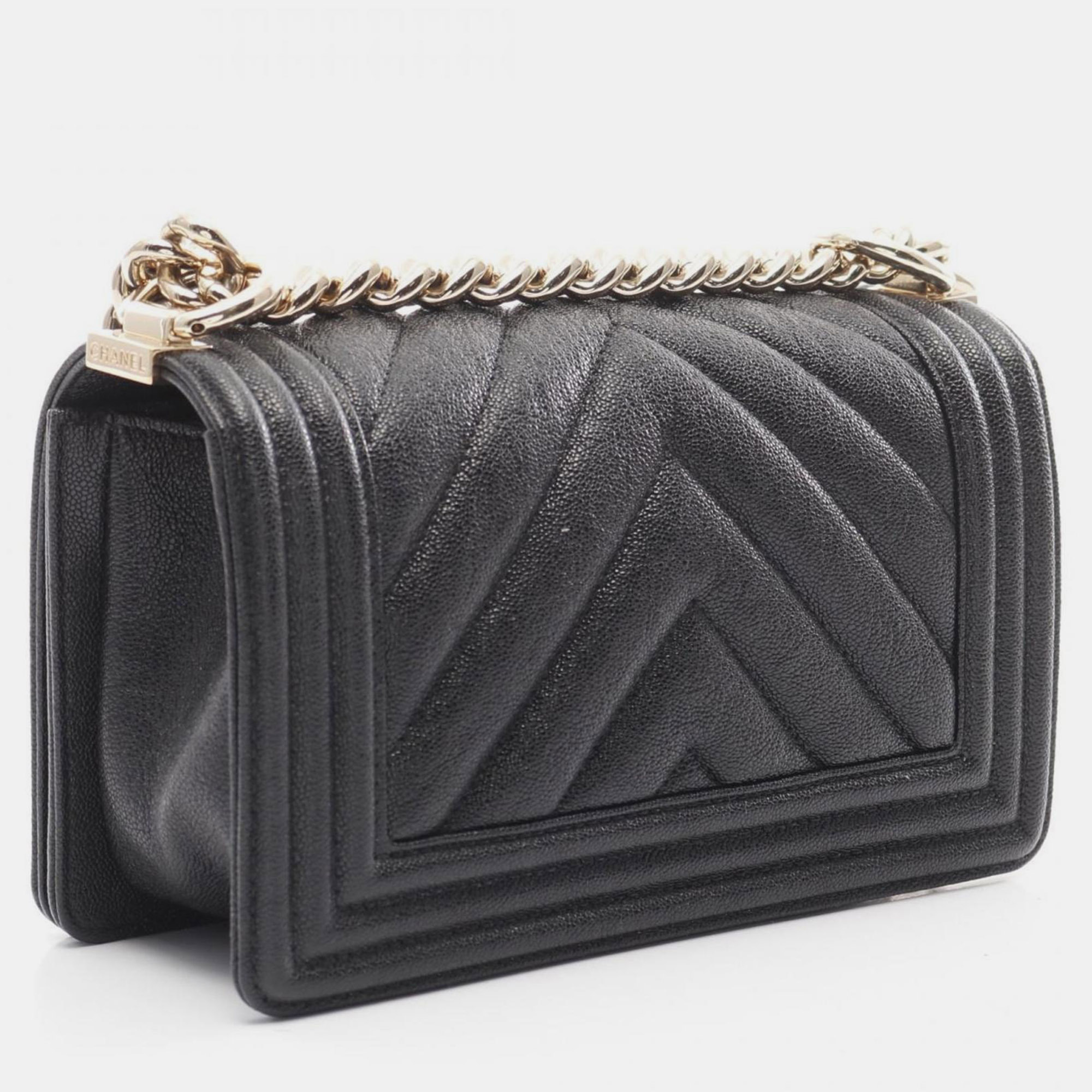 Chanel Black Leather Small Chevron Boy Shoulder Bag 