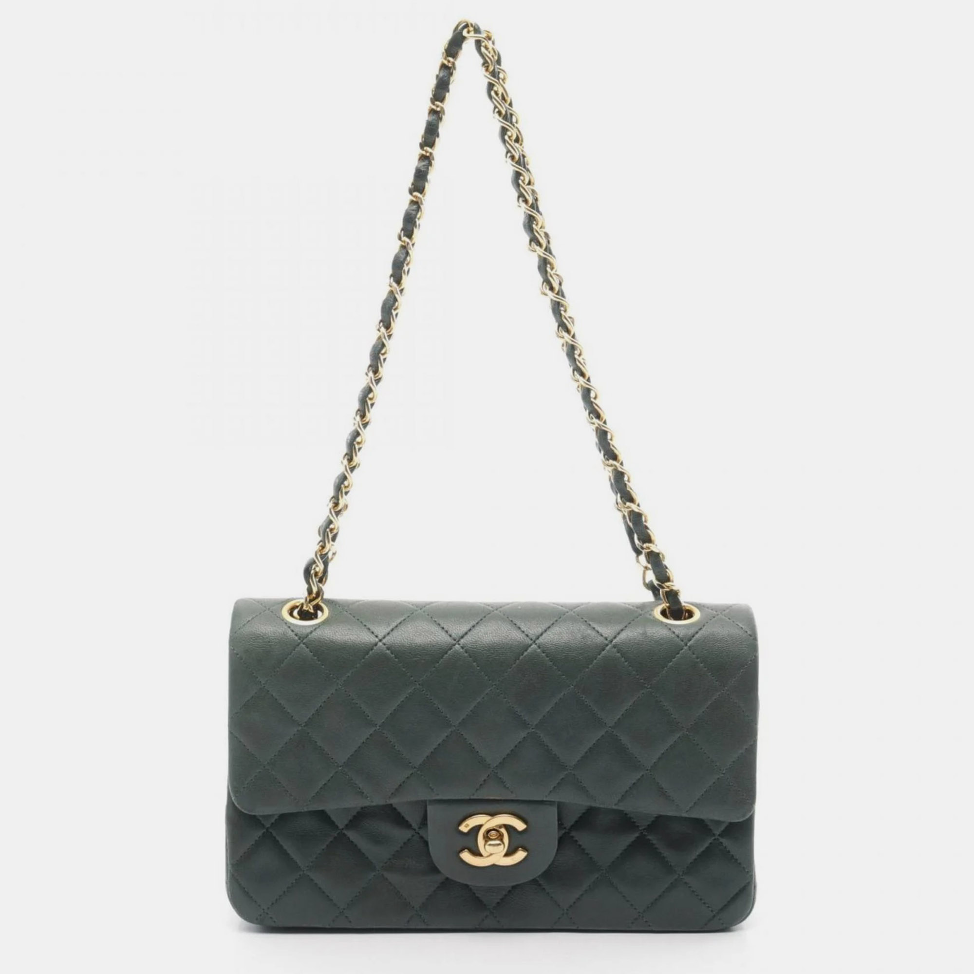 

Chanel Green Lambskin Leather Double Flap Shoulder Bag, Black