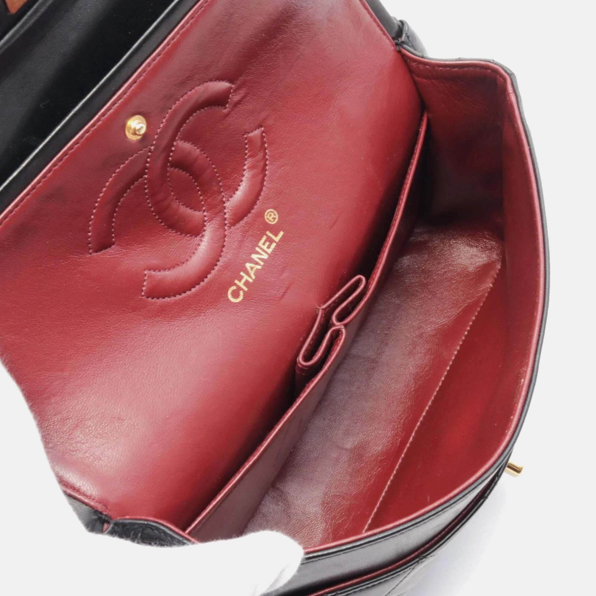 Chanel Black Lambskin Leather Double Flap Shoulder Bag 