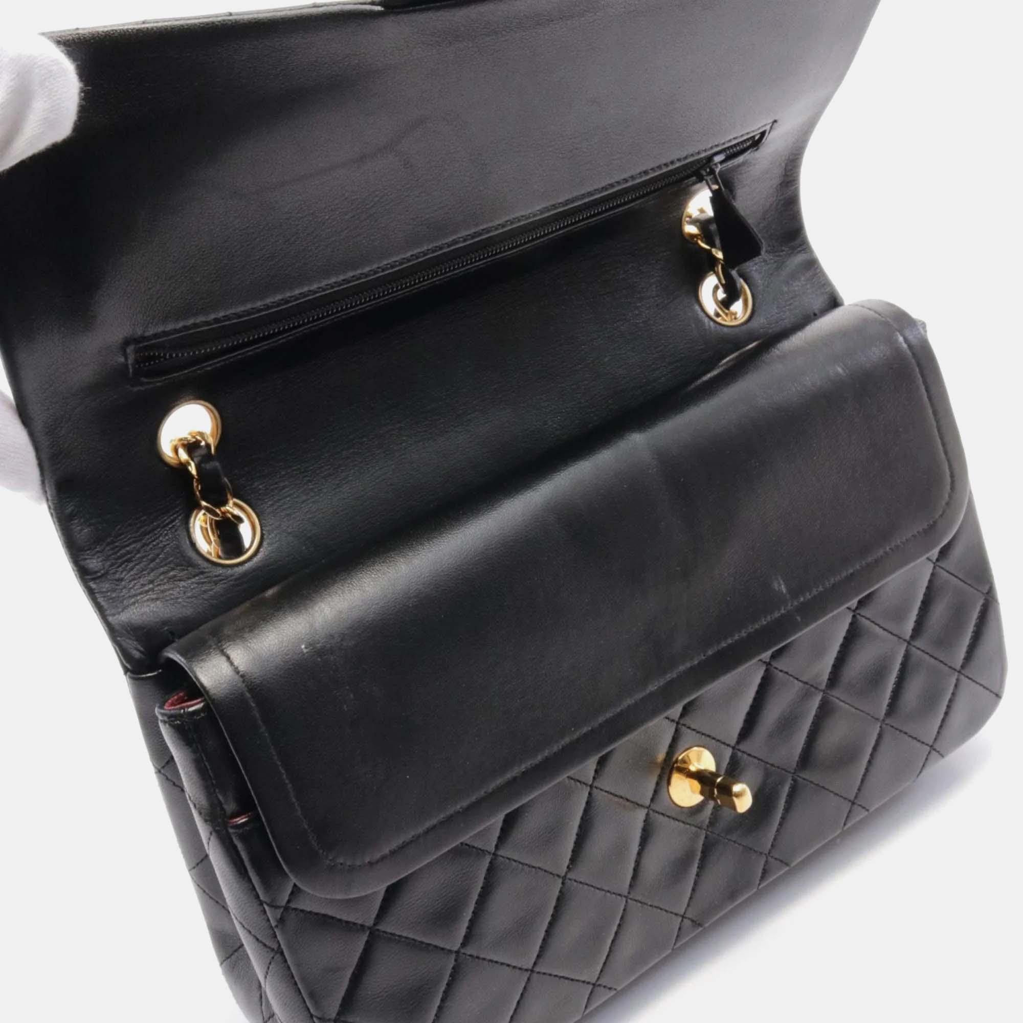 Chanel Black Lambskin Leather Double Flap Shoulder Bag 