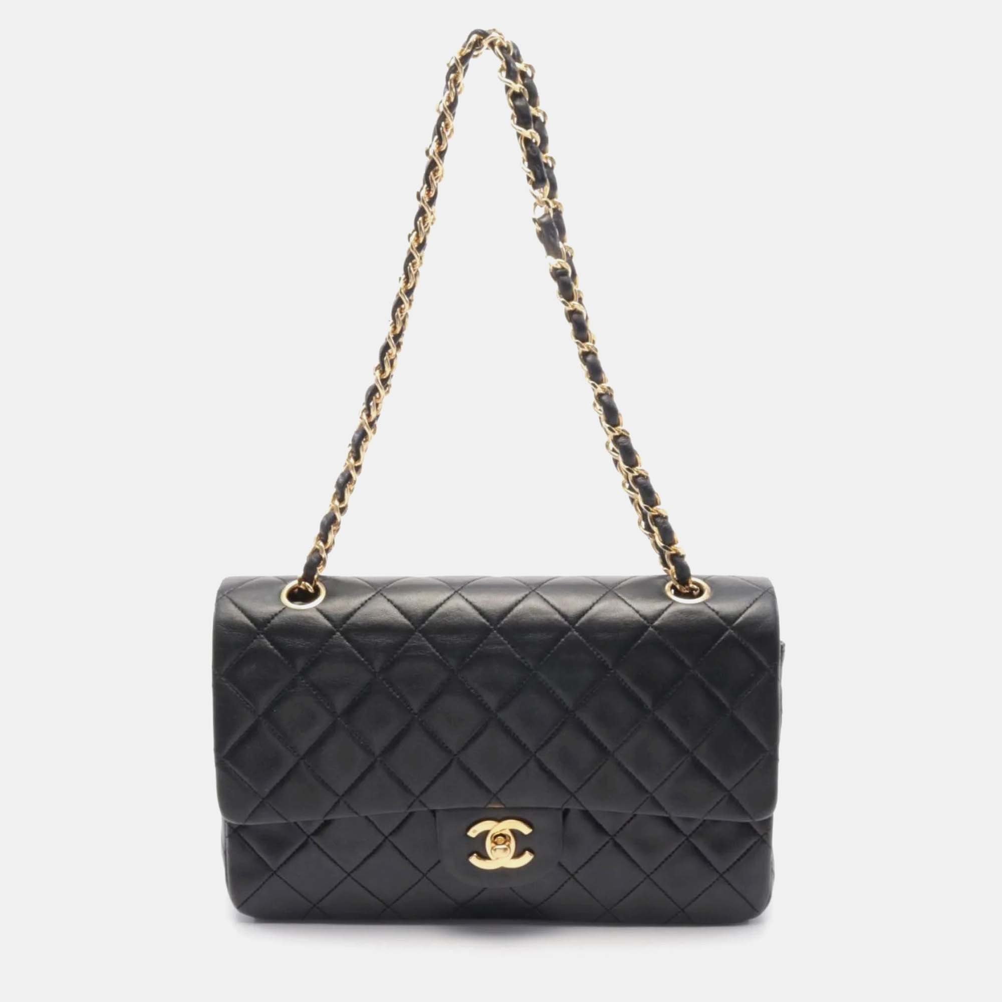 

Chanel Black Lambskin Leather Double Flap Shoulder Bag