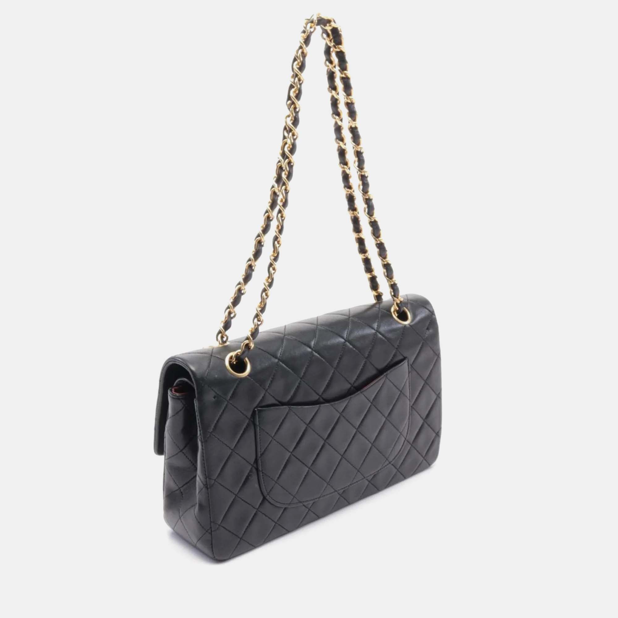 Chanel Black Lambskin Leather Double Flap Shoulder Bag 