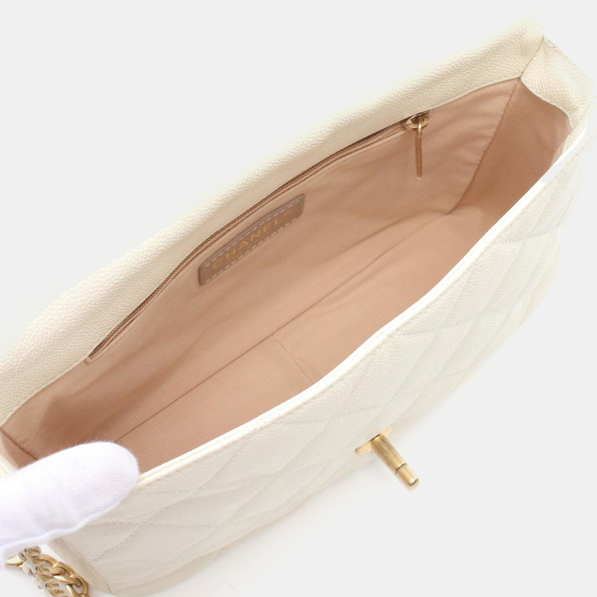 Chanel White Caviar Leather Shoulder Bag 