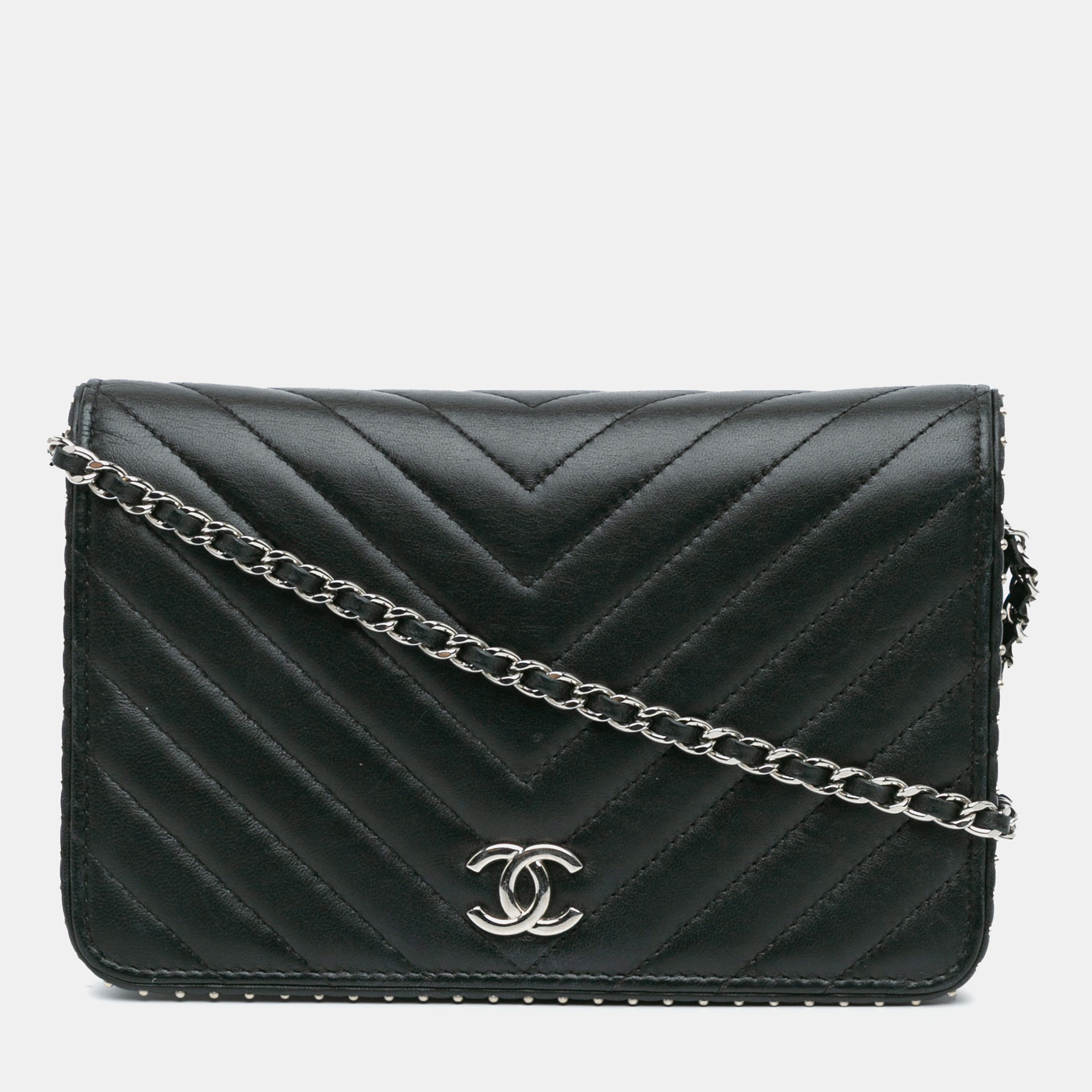 

Chanel Black Chevron Lambskin Studded Wallet On Chain