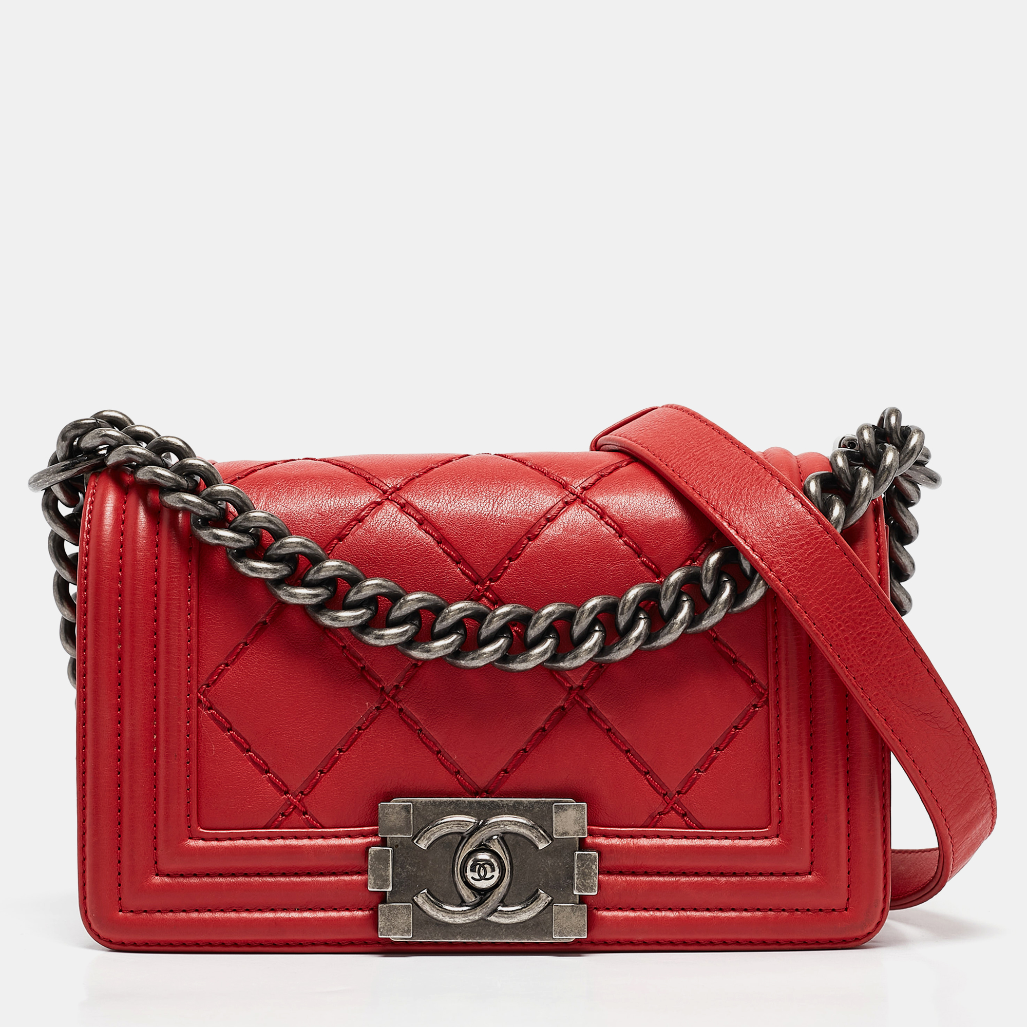 

Chanel Red Double Stitch Leather Small Boy Flap Bag