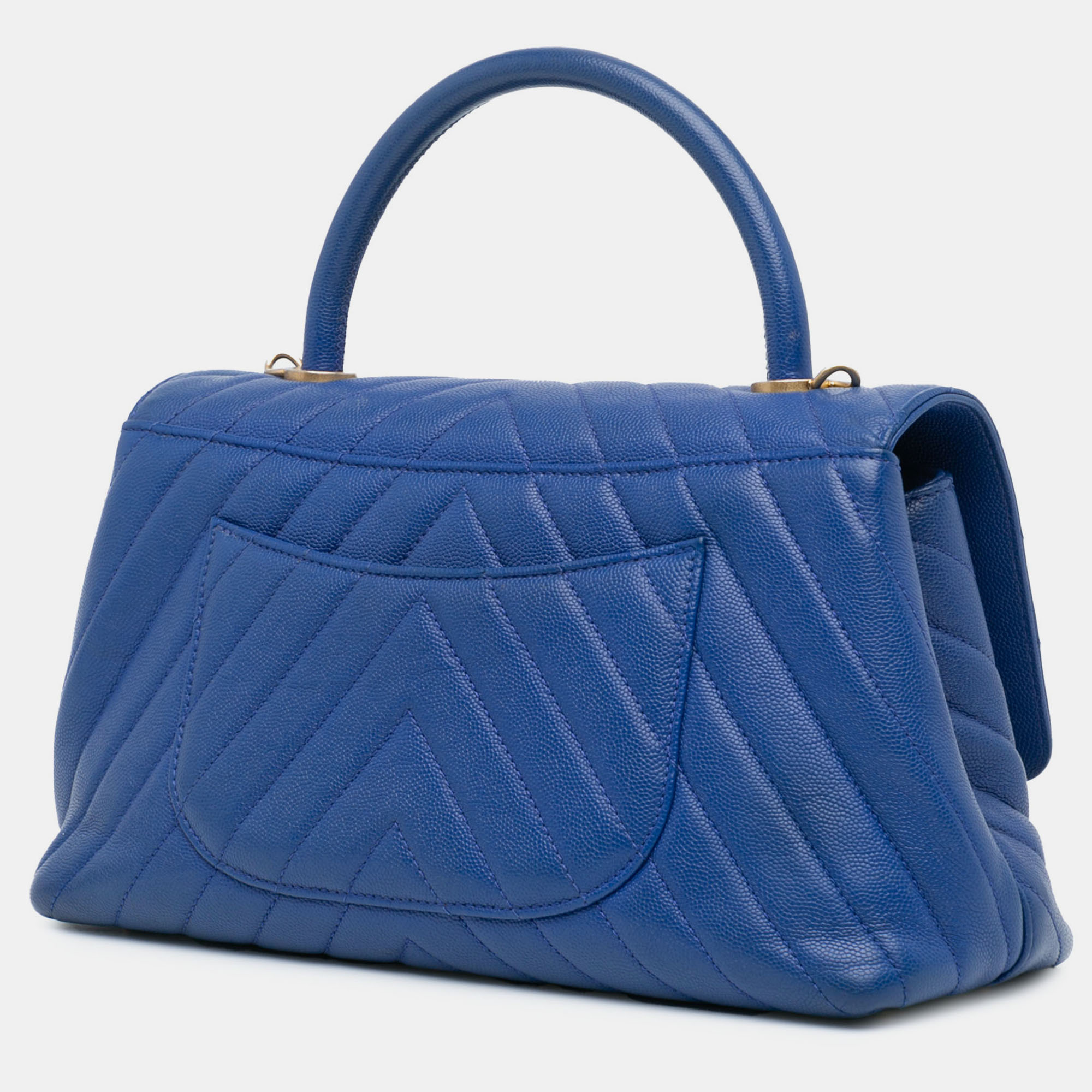 Chanel Blue Small Caviar Chevron Coco Top Handle Bag 